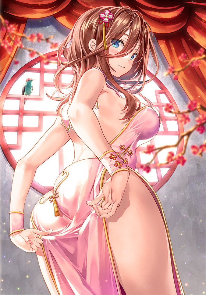 1girls ass back backless_dress backless_outfit bangs bare_arms bare_back bare_shoulders bird blue_eyes blurry blush breasts brown_hair cherry_blossoms china_dress chinese_clothes closed_mouth cowboy_shot curtains depth_of_field dress female fingernails flower from_behind fujima_takuya go-toubun_no_hanayome hair_between_eyes hair_flower hair_ornament hairpin large_breasts leaning_forward long_hair looking_at_viewer looking_back nail_polish nakano_miku no_bra no_panties pelvic_curtain pink_dress revealing_clothes see-through side_slit sideboob sidelocks sleeveless sleeveless_dress smile solo standing thighs window wristband