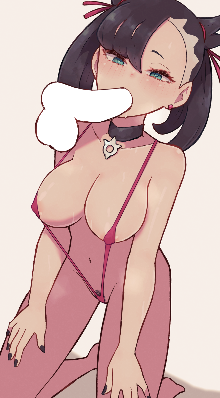 alternate breast size, asymmetrical bangs, bangs, big breasts, black choker, black hair, black nails, blank censor, blush, breasts, censored, choker, collarbone, commentary request, earrings, eyelashes, female, green eyes, hair ribbon, highres, jewelry, kneeling, lamb-oic029, large breasts, looking at penis, male, marnie (pokemon), nail polish, navel, oral, penis, pokemon, pokemon (game), pokemon ss, pubic hair, pubic hair peek, red ribbon, red swimsuit, ribbon, sling bikini, slingshot swimsuit, swimsuit