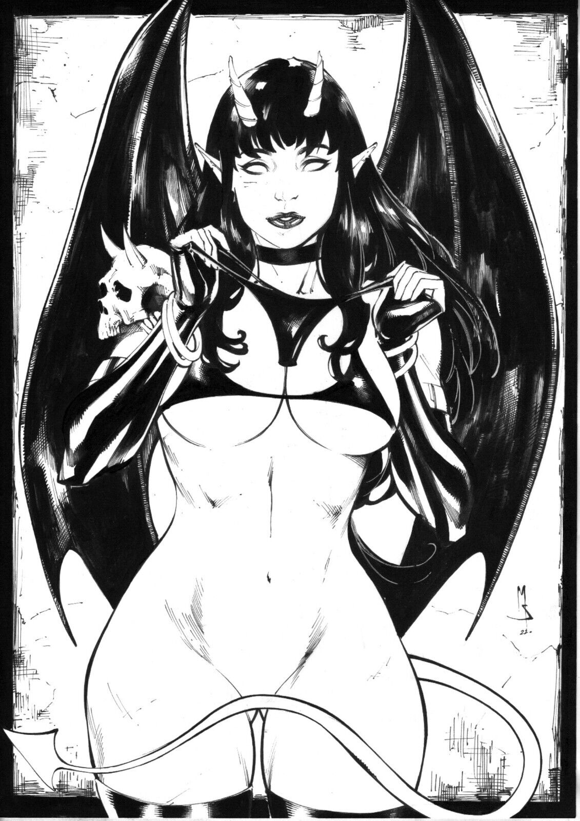 1girls bat_wings big_breasts black_hair demon_girl demon_tail dynamite_comics ed_benes_studio female female_only femme_fatale holding_thong long_hair looking_at_viewer micro_bikini purgatori sakkara_(character) seductive_look solo solo_female thong