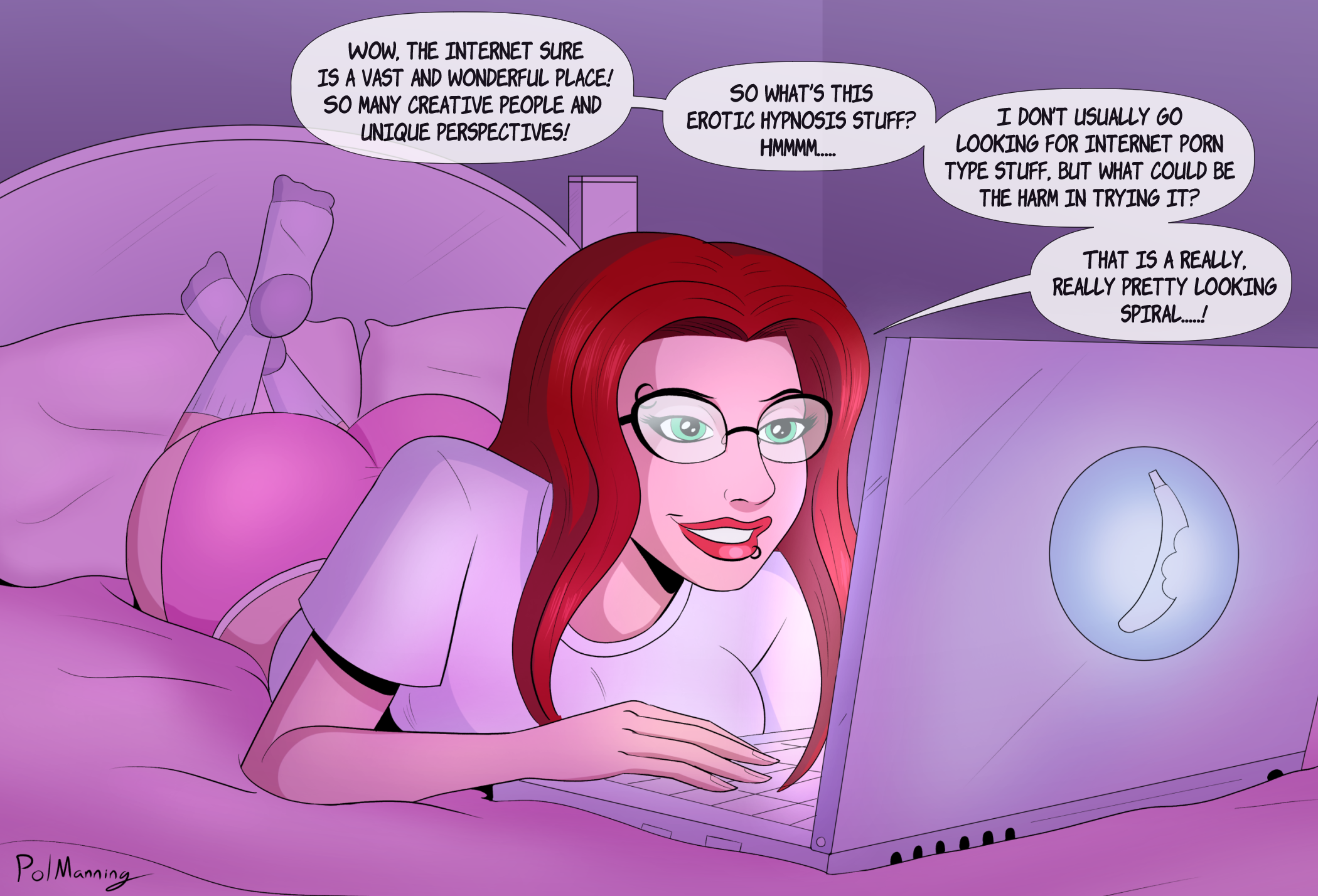 ass, big ass, big breasts, breasts, brow piercing, dialogue, female, female only, femsub, glasses, hypnosis, laptop, light skin, light-skinned female, lip piercing, mind control, piercing, pink panties, polmanning, red hair, speech bubble, thick thighs, wide hips