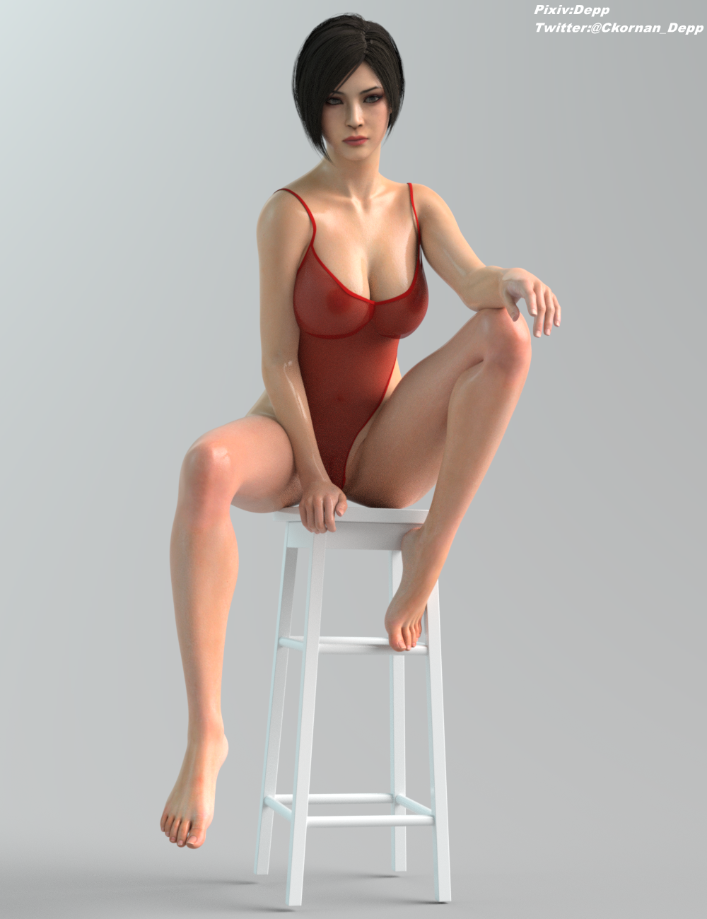 3d 3d_(artwork) ada_wong ada_wong_(adriana) big_butt capcom depp_(artist) female medium_breasts navel_visible_through_clothes nipples_visible_through_clothing oiled_body posing resident_evil resident_evil_2 resident_evil_2_remake soles solo transparent_clothing transparent_monokini trimmed_pubic_hair