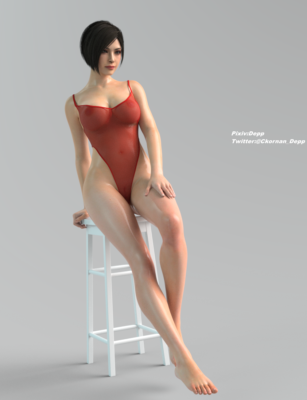 1girls 3d 3d_(artwork) ada_wong ada_wong_(adriana) big_butt capcom depp_(artist) female female_only medium_breasts navel_visible_through_clothes nipples_visible_through_clothing oiled_body posing resident_evil resident_evil_2 resident_evil_2_remake soles solo transparent_clothing transparent_monokini trimmed_pubic_hair