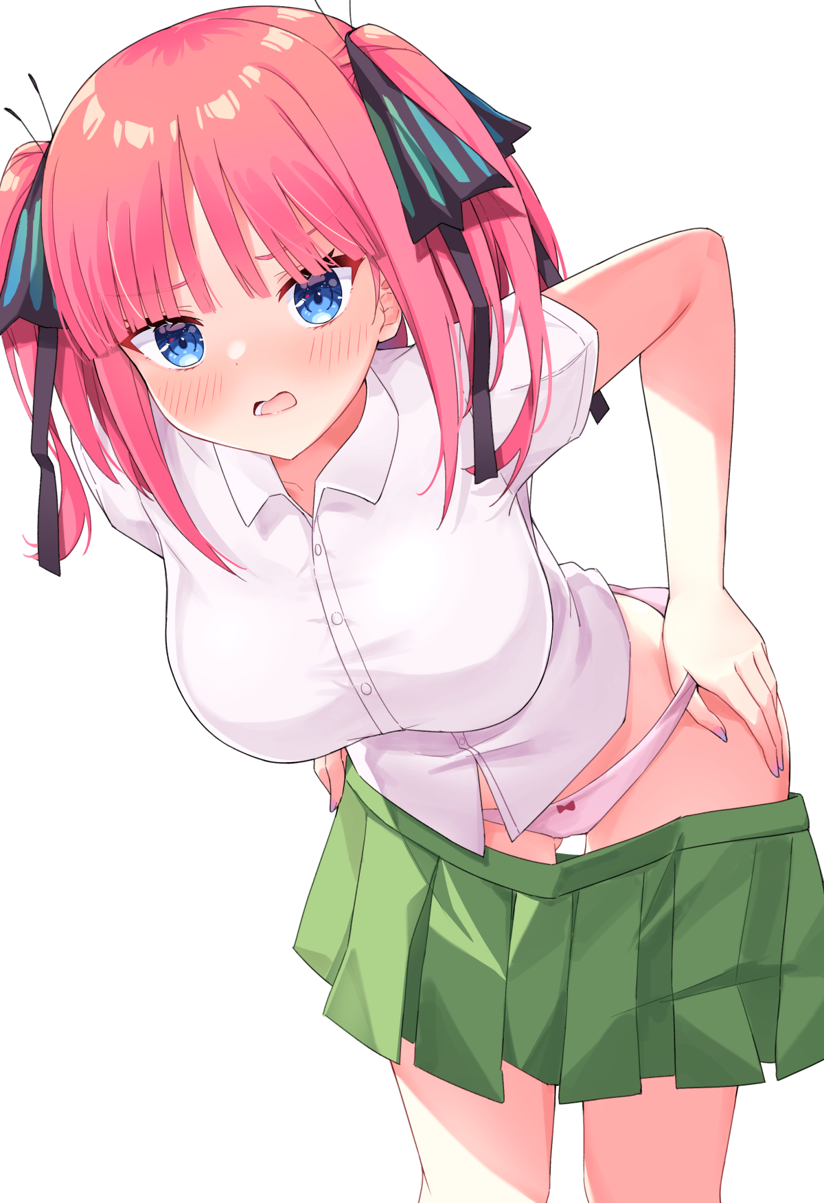 1girls, bangs, black ribbon, blue eyes, blue nails, blush, bow, bow panties, breasts, clothes pull, collared shirt, cowboy shot, embarrassed, female, go-toubun no hanayome, green skirt, hair ribbon, highres, large breasts, leaning forward, looking at viewer, medium hair, nail polish, nakano nino, open mouth, panties, pink hair, profnote, ribbon, shirt, short sleeves, simple background, skirt, skirt pull, solo, two side up, underwear, undressing, white background, white shirt