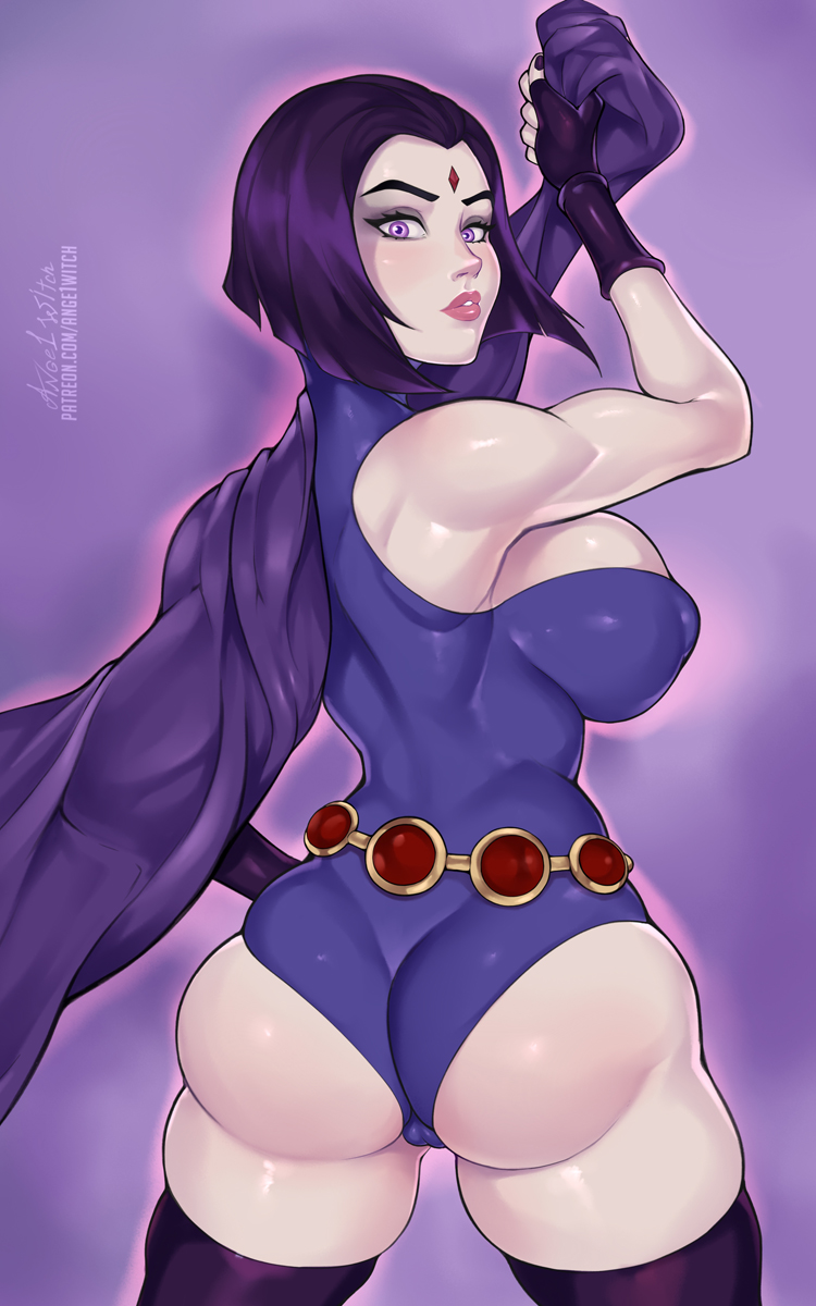 1girls, ange1witch, ass, back view, big ass, big breasts, big butt, breasts, cape, dc, dc comics, eye contact, female, female focus, female only, legwear, leotard, looking at viewer, looking back, purple eyes, purple hair, rachel roth, raven (dc), sideboob, solo, solo female, teen titans, thick thighs, thighhighs, thighs