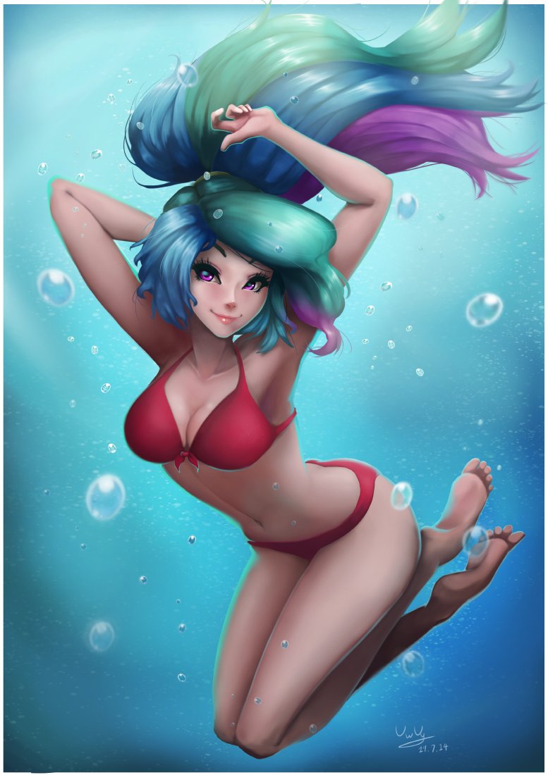 1girls abs armpits arms_up bikini breasts bubbles deviantart_link female female_only friendship_is_magic hasbro human humanized long_hair looking_at_viewer multicolored_hair my_little_pony princess_celestia_(mlp) red_bikini red_swimsuit smile smiling smooth_skin solo solo_female swimming swimsuit the-park underwater