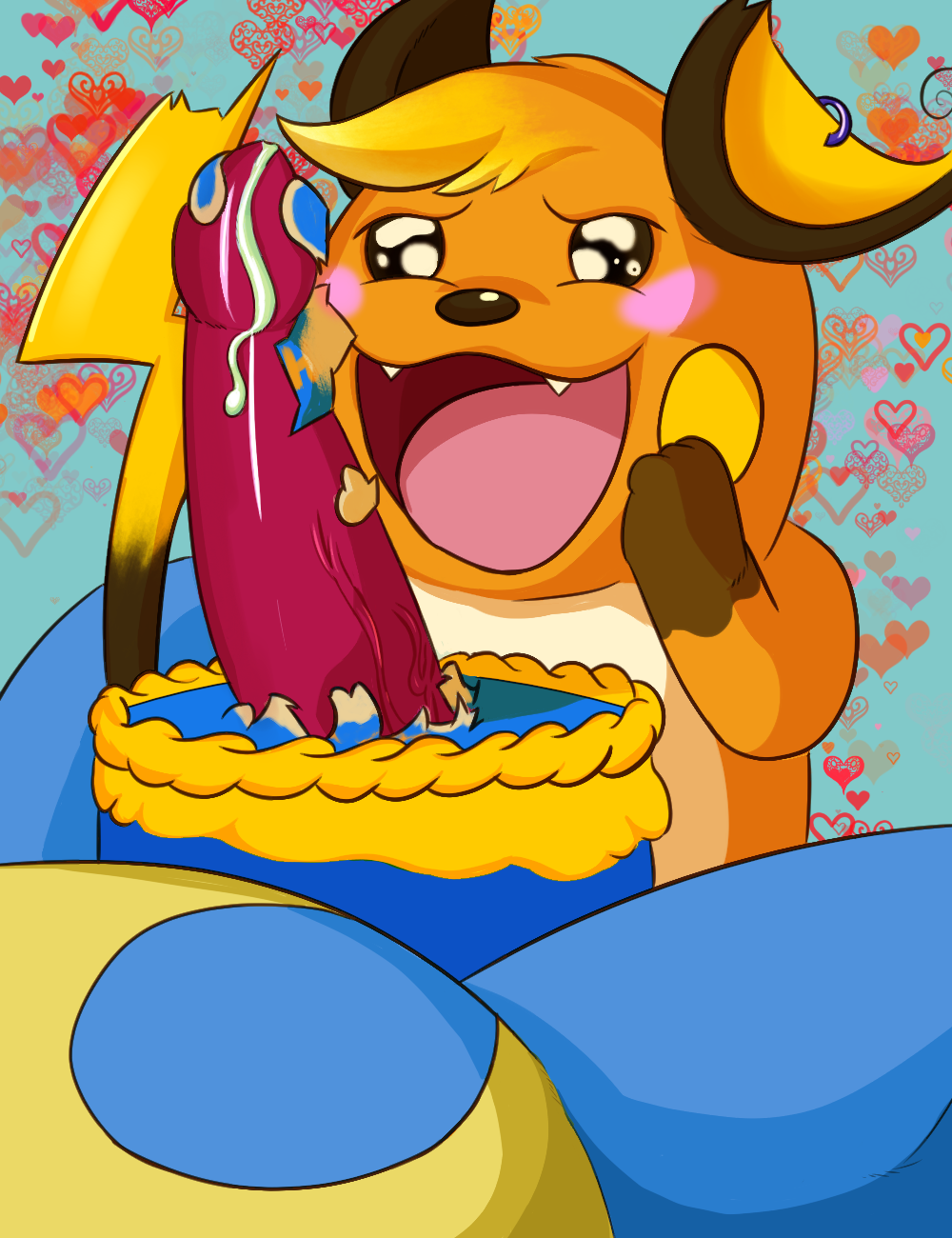 birthday_cake birthdaycake cake choshigaiden crocodilian croconaw dessert food food_fetish food_on_penis food_play genitals hi_res nintendo overweight penis penis_piercing_cake pokémon_(species) pokemon pokemon_(species) raichu reptile scalie video_games