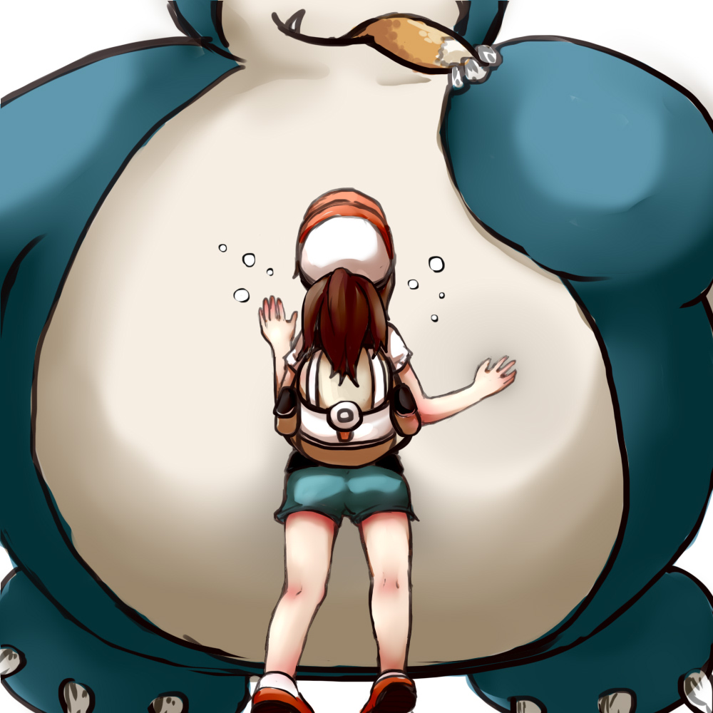 backpack bag clothing eevee elaine_(pokemon) female footwear headwear human male pale_skin pokemon pokemon_(species) pokemon_lgpe scared shorts snorlax swallowing vore