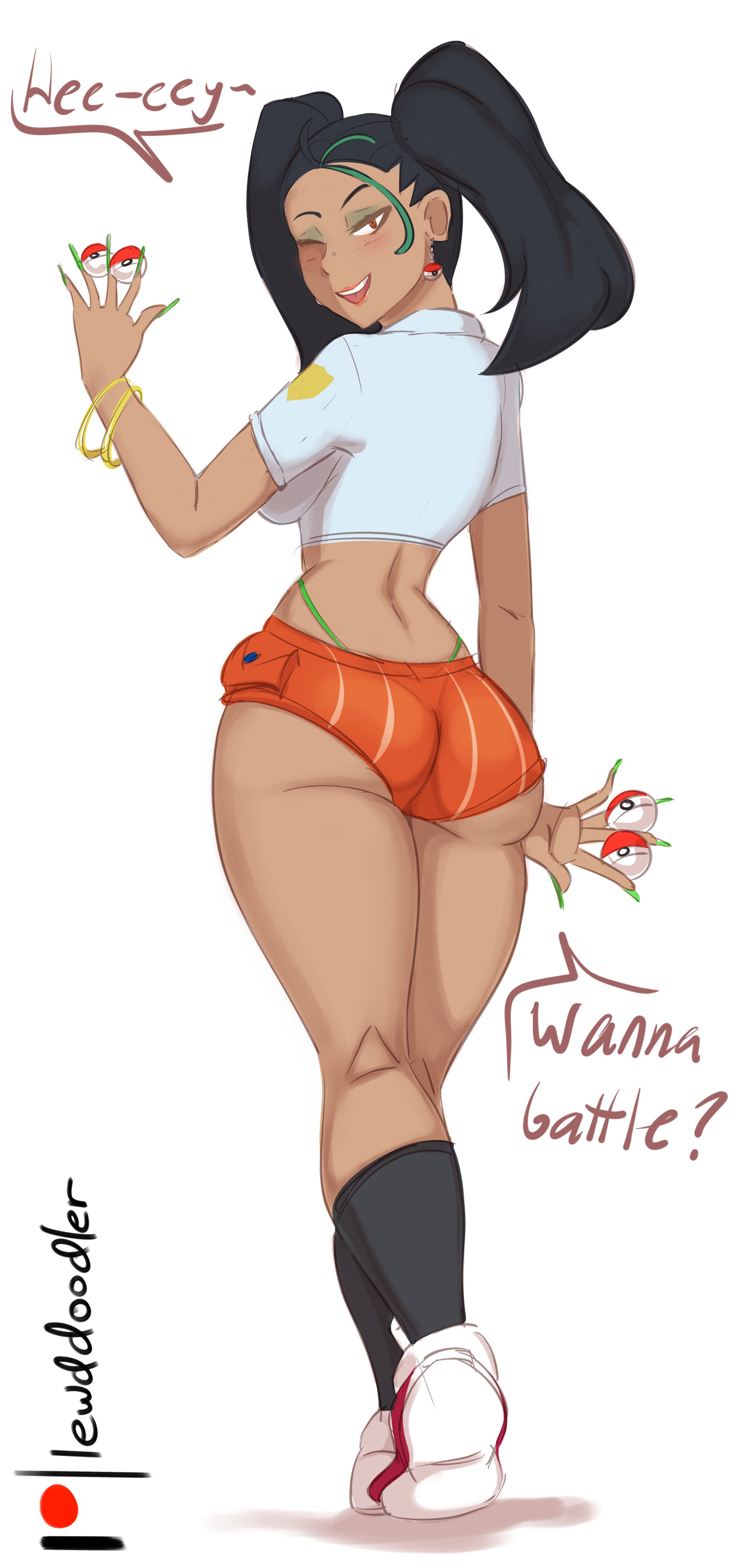 1girls, alternate hairstyle, ass, bimbo, black hair, black socks, booty shorts, brown eyes, brown skin, bubble ass, bubble butt, dark skin, dark-skinned female, dialogue, english text, female, gyaru, holding object, knee socks, kneehighs, kneesocks, large ass, lewddoodler, long fingernails, long hair, makeup, naughty face, nemona (pokemon), nintendo, pokeball, pokemon, pokemon sv, school uniform, schoolgirl, short shorts, shorts, slim waist, smile, socks, suggestive look, thick thighs, twintails