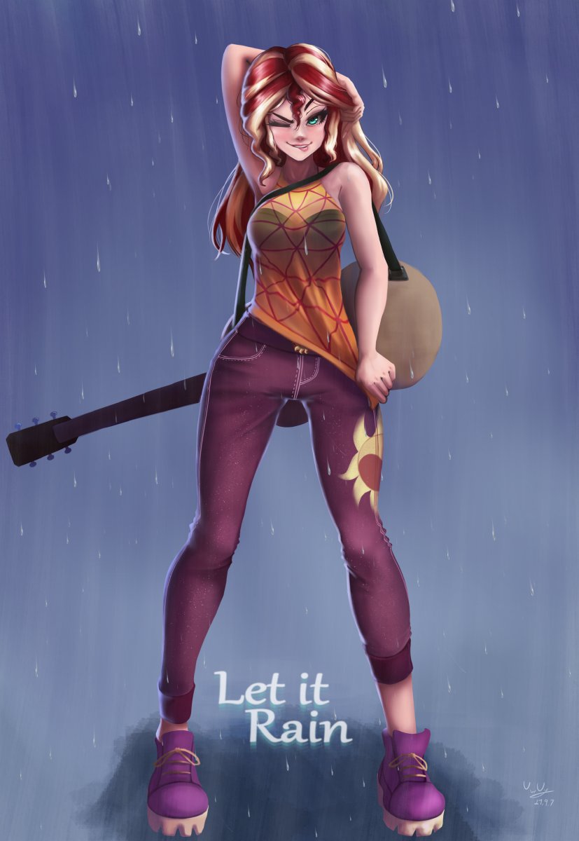 1girls arm_up armpits biting_lip black_bra bra bra_visible_through_clothes clothed equestria_girls female footwear friendship_is_magic guitar hasbro human long_hair multicolored_hair musical_instrument my_little_pony non-nude pale_skin rain smile smiling solo solo_female sunset_shimmer the-park wet wet_clothes wink