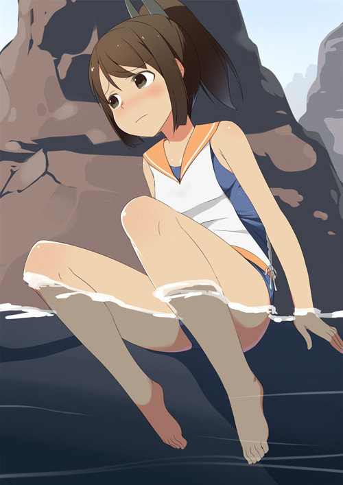 concerned girl i-401_(kantai_collection) in_water kantai_collection nanameminami swimsuit swimwear thinking water