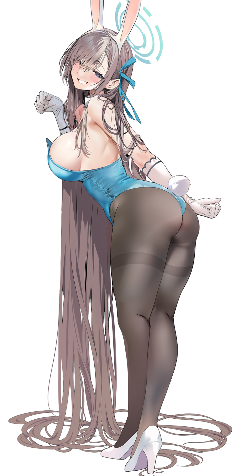 1girls, 2022, absurdly long hair, animal ears, ass, asuna (blue archive), asuna (bunny) (blue archive), bangs, bare shoulders, black legwear, blonde hair, blue archive, blue eyes, blue leotard, blush, breasts, brown hair, bubble ass, bubble butt, bunny ears, bunny girl, bunny tail, bunnysuit, detached collar, elbow gloves, fake animal ears, female, female focus, female only, from behind, full body, gloves, grin, hair ornament, hair over one eye, hairband, halo, high heels, highleg leotard, highres, huge breasts, large breasts, leotard, long hair, long legs, looking at viewer, looking back, marushin (denwa0214), naughty face, one eye closed, pantyhose, parted lips, playboy bunny, rabbit ears, simple background, smile, solo, solo female, standing, thick ass, thick thighs, thighband pantyhose, thighs, tights, very long hair, white background, white footwear, white gloves, white hairband