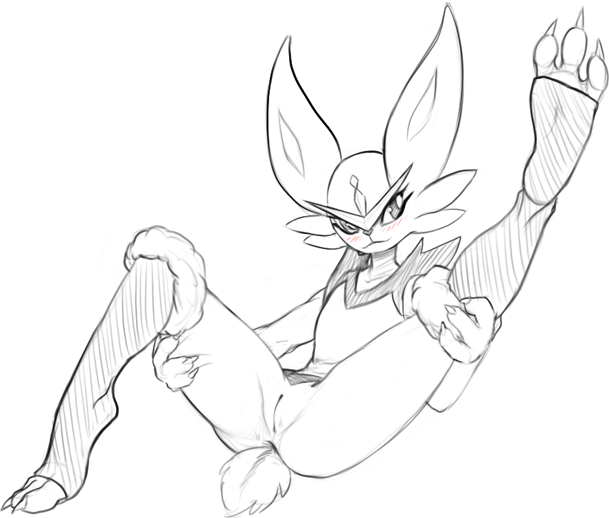 2019 anthro black_and_white cinderace claws female flat_chested front_view full-length_portrait genitals holding_legs lagomorph mammal monochrome nintendo nude pokémon_(species) pokemon portrait presenting presenting_pussy pussy raised_leg sketch solo spot_color spread_legs spreading video_games w4g4