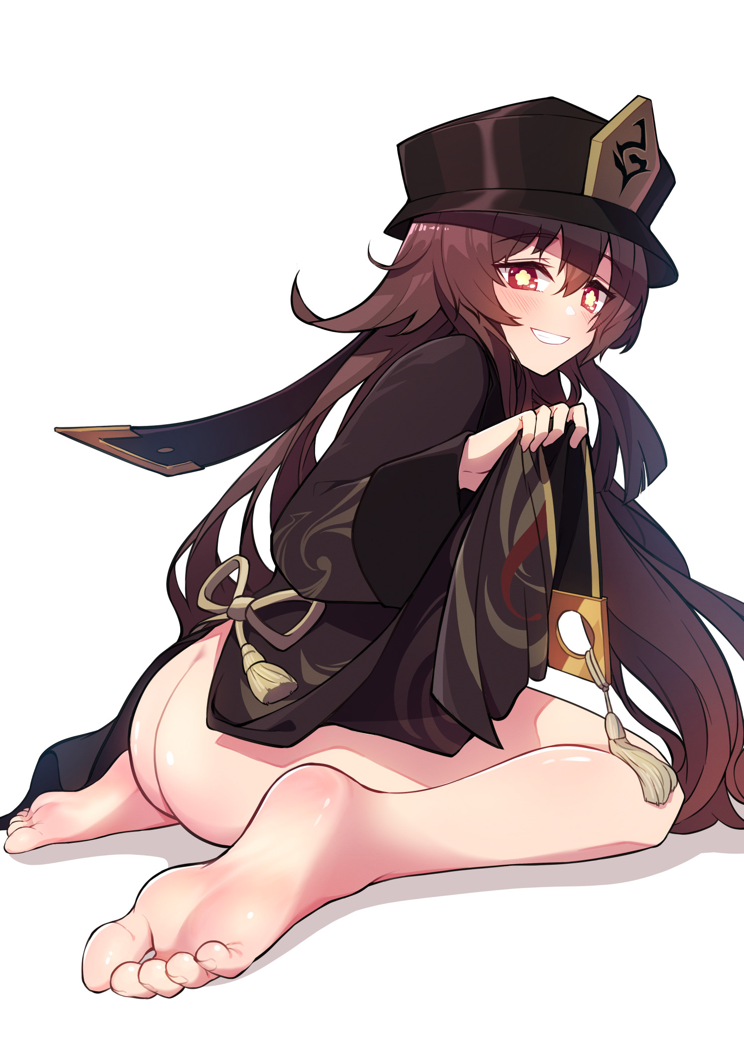 arka91, ass, ass crack, barefoot, blush, bottomless, brown hair, butt crack, feet, female, genshin impact, hat, highres, hu tao (genshin impact), long sleeves, looking at viewer, seiza, simple background, sitting, smile, soles, solo, toes, top hat, white background
