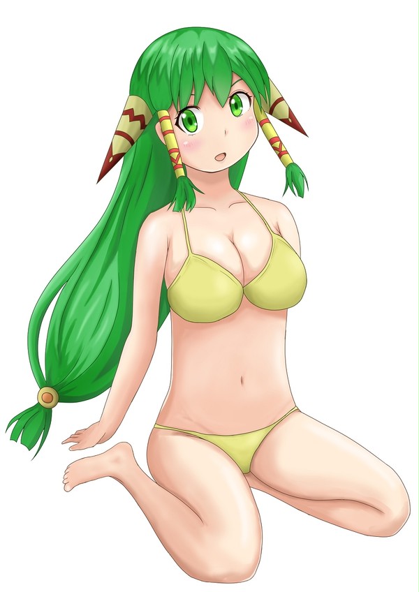 bra feena feena_(grandia) grandia green_eyes green_hair hair_ornament panties porintaku sitting underwear