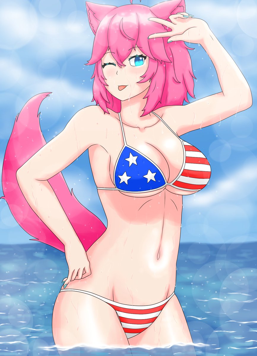 1girls ale_131 american_flag_bikini anime_onegai big_breasts bikini blue_eyes cat_ears cat_tail catgirl cleavage clouds day dengeki_onegai female_only latam_virtual_youtuber looking_at_viewer medium_hair nyami_g ocean one_arm_up one_eye_closed summer swimsuit tongue_out virtual_youtuber water wet wet_body