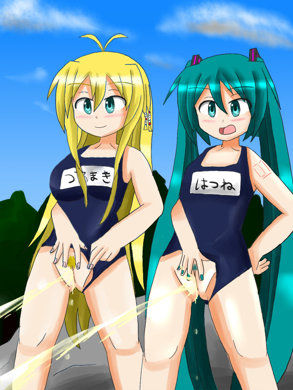 clothes_pull hatsune_miku one-piece_swimsuit peeing peeing_together school_swimsuit swimsuit swimwear toro_r18 tsurumaki_maki tugging vocaloid watersports