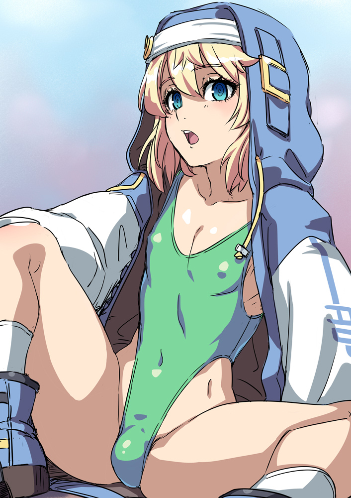 1boy androgynous blonde_hair blue_eyes blush bridget bulge eye_contact guilty_gear guilty_gear_strive hai-haigure hai_(h81908190) leotard looking_at_viewer male male_only penis_bulge solo solo_male spread_legs thick_thighs thighs