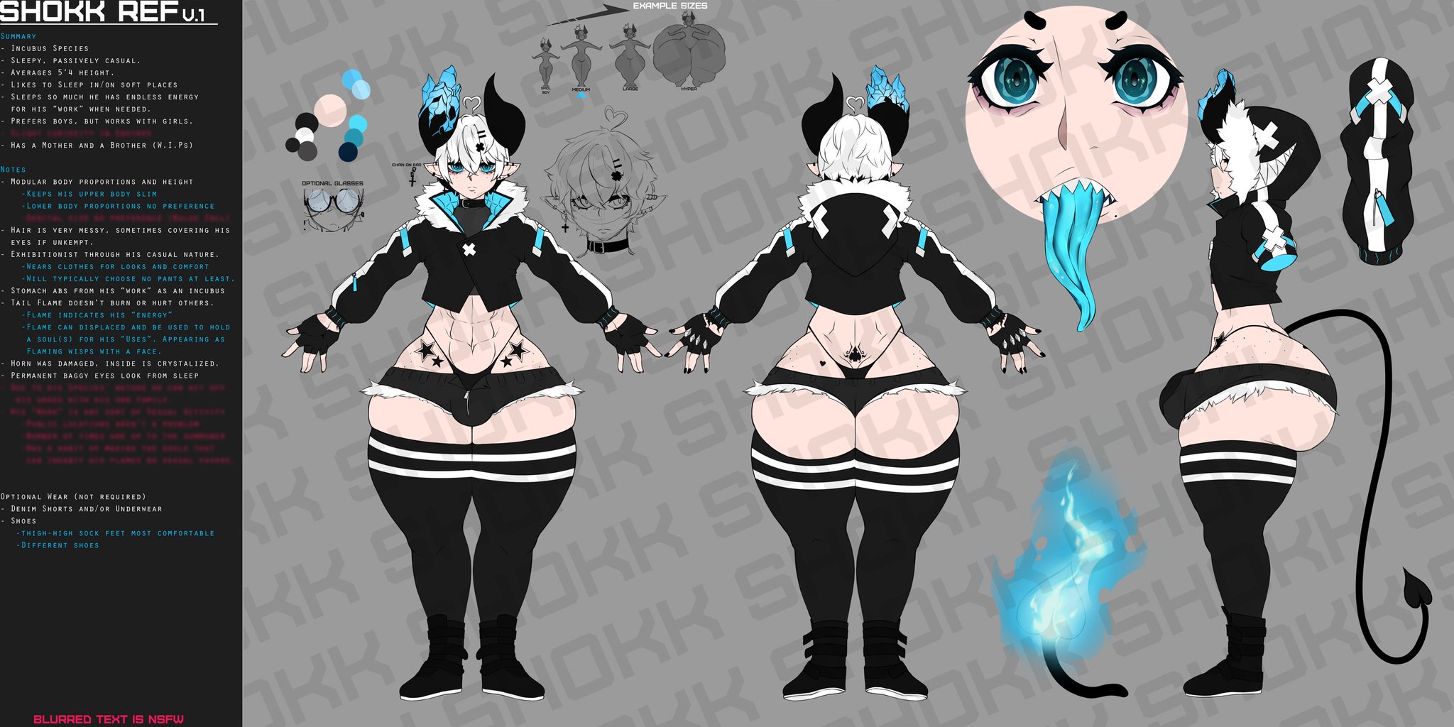 ass, blue eyes, blue tongue, bottom heavy, bottomless, bulge, chubby, cute, demon, fat, femboy, fire, gay, girly, hyper, hyper ass, i wanna fuck him so bad, incubus, male, muscular, oc, power bottom, reference sheet, self insert, shokku, teapot (body type), thigh socks, thighhighs, thong, white hair