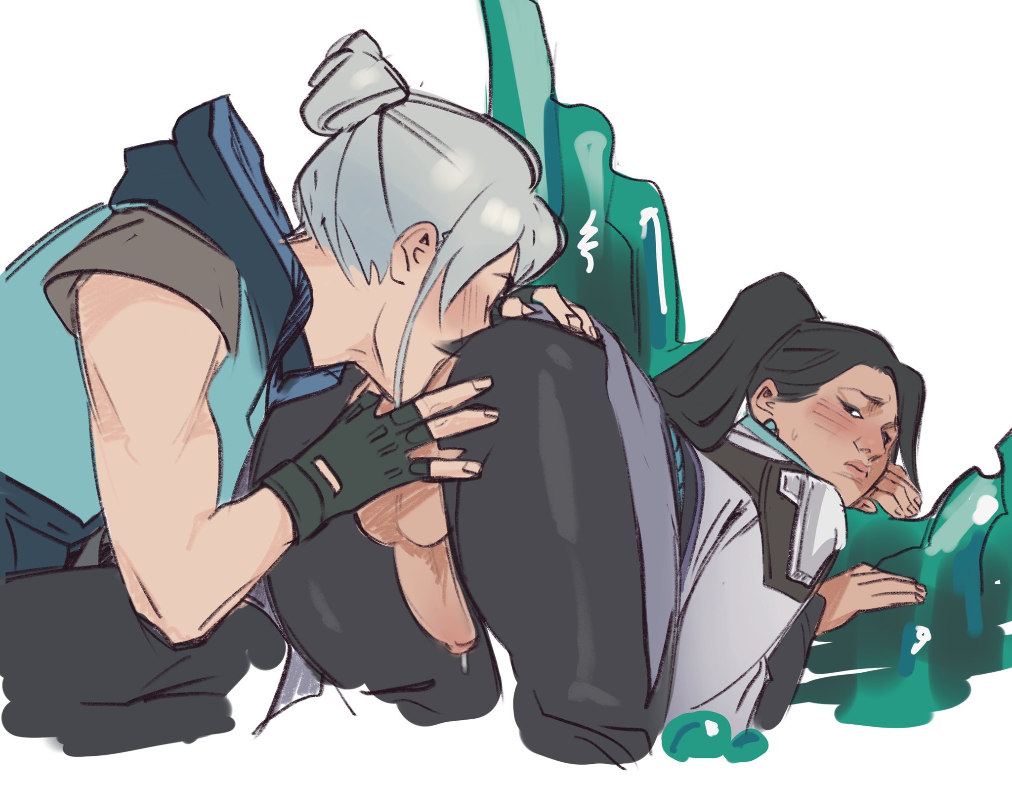 asian futa, bent over, black hair, female, female rimming futa, fingerless gloves, focused, futanari, intersex, jacket, jett (valorant), licking anus, light blush, ling ying wei, matsugonsfw, medium penis, mostly clothed, penis, ponytail, precum, rimming, riot games, sage (valorant), tagme, tight pants, valorant, white hair