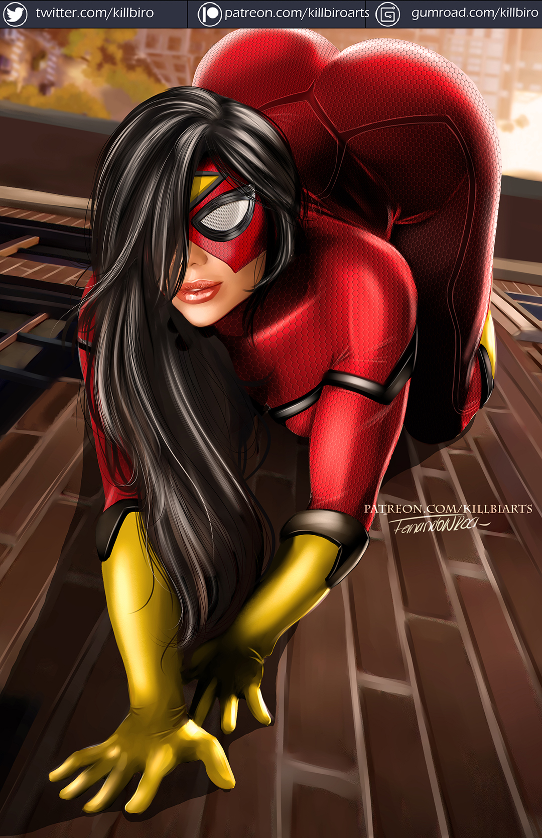 1girls, all fours, ass, ass up, big ass, big butt, black hair, bubble ass, bubble butt, female, female only, fully clothed, huge ass, human, human only, jessica drew, killbiro, kneeling, light skin, light-skinned female, long gloves, long hair, looking at viewer, marvel, marvel comics, mask, on all fours, solo, spider-man (series), spider-woman, spider-woman by milo manara