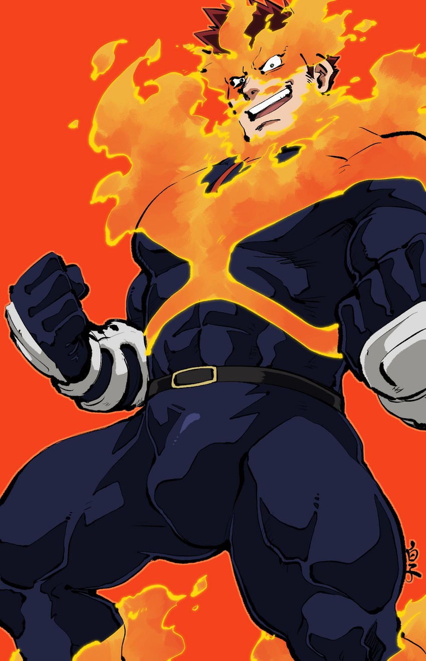 1boy 2d 2d_(artwork) 41raco abs bara big_thighs black_eyes bodysuit bulge determined dilf endeavor_(my_hero_academia) enji_todoroki facial_hair fire gloves hair hero hero_outfit_(mha) kirupi leather leather_clothing looking_at_viewer male male_focus male_only moustache muscle muscles muscular muscular_male my_hero_academia pecs pectoral_bulge pectorals red_hair simple_background six_pack smile smiling smiling_at_viewer solo solo_focus solo_male spiked_hair superhero_costume teeth teeth_showing thighs tight_clothing