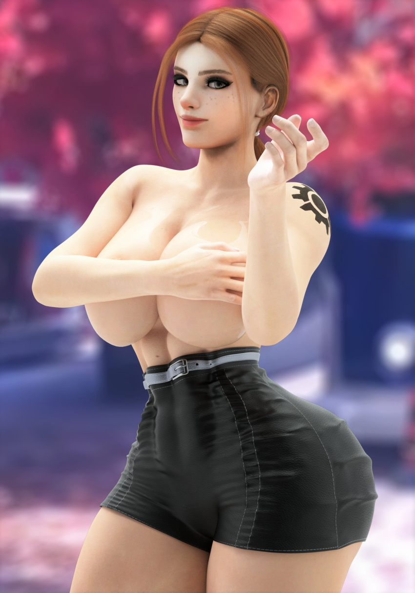 3d, breasts, brigitte, covering breasts, female, overwatch, shorts, solo, tattoo