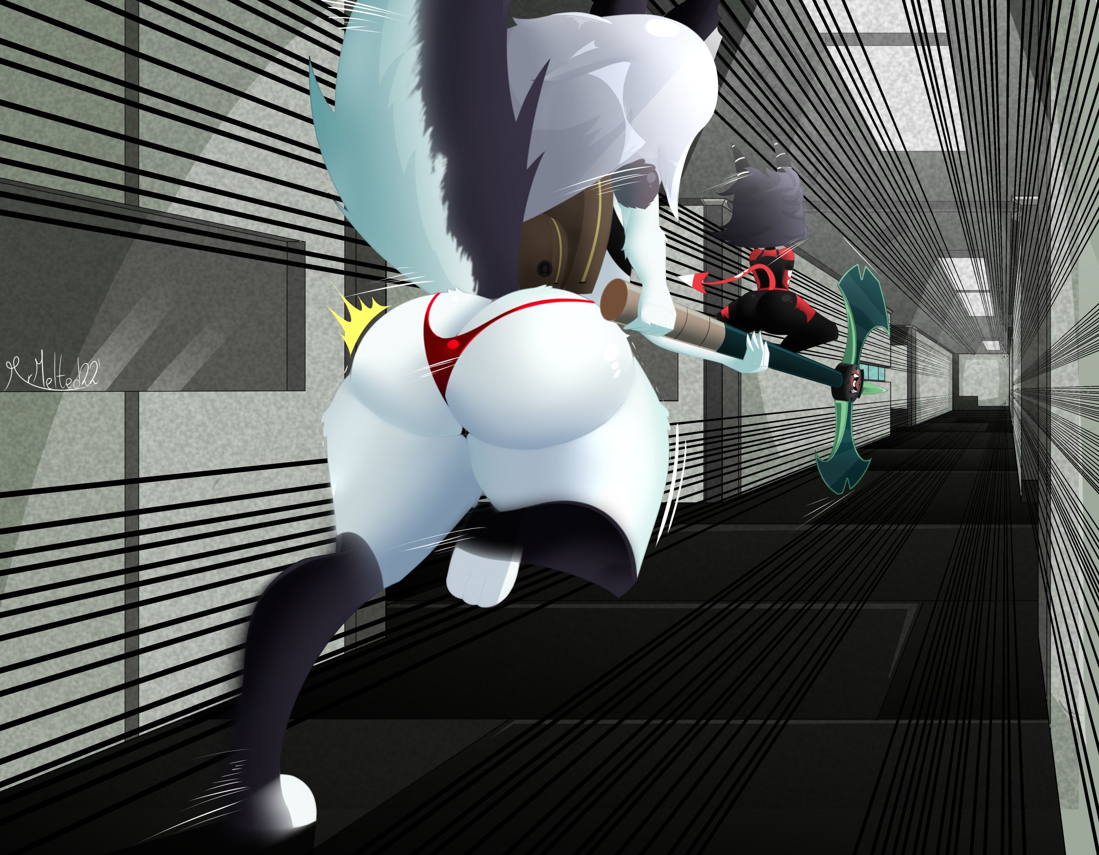 2girls, anthro, ass, ass cleavage, ass crack, axe, bag, big ass, black hair, bra, bubble ass, bubble butt, butt crack, canid, canid demon, canine, clothing, corridor, demon, demon girl, female, female only, hallway, hellhound, helluva boss, horns, huge ass, humanoid, imp, indoors, loona (helluva boss), mammal, millie (helluva boss), mrmelted, panties, rear view, red skin, running, tail, weapon