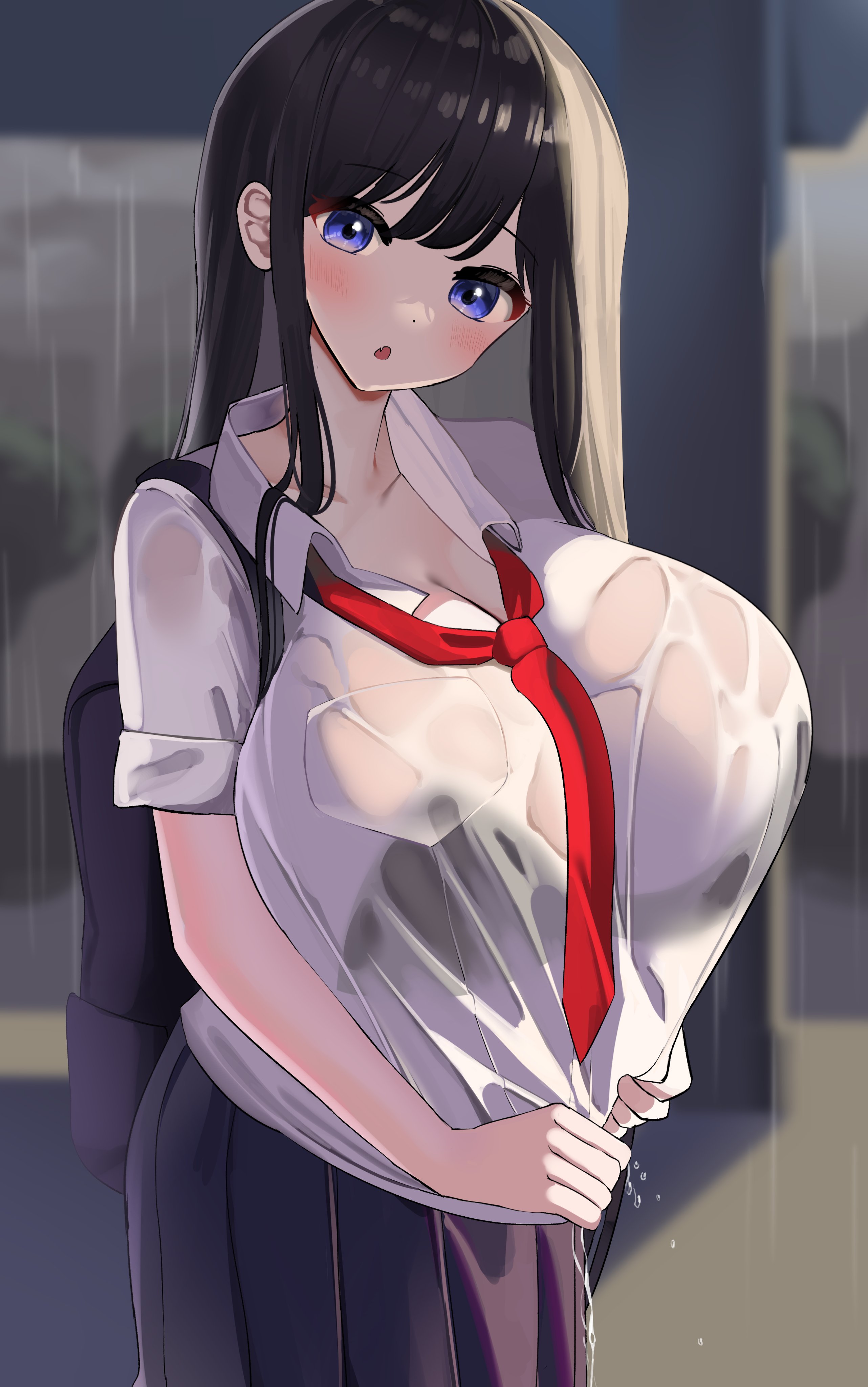 1girls, bag, big breasts, black hair, blue eyes, blush, blushing, breasts, busty, curves, curvy, curvy body, curvy female, curvy figure, dark hair, ear, female, female only, gigantic breasts, head tilt, huge breasts, large breasts, mouth open, nicorima, purple skin, rain, raining, red tie, school bag, school uniform, schoolgirl, schoolgirl uniform, see-through, see-through clothing, tagme, thick, tie, violet eyes, wet, wet clothes, wet clothing