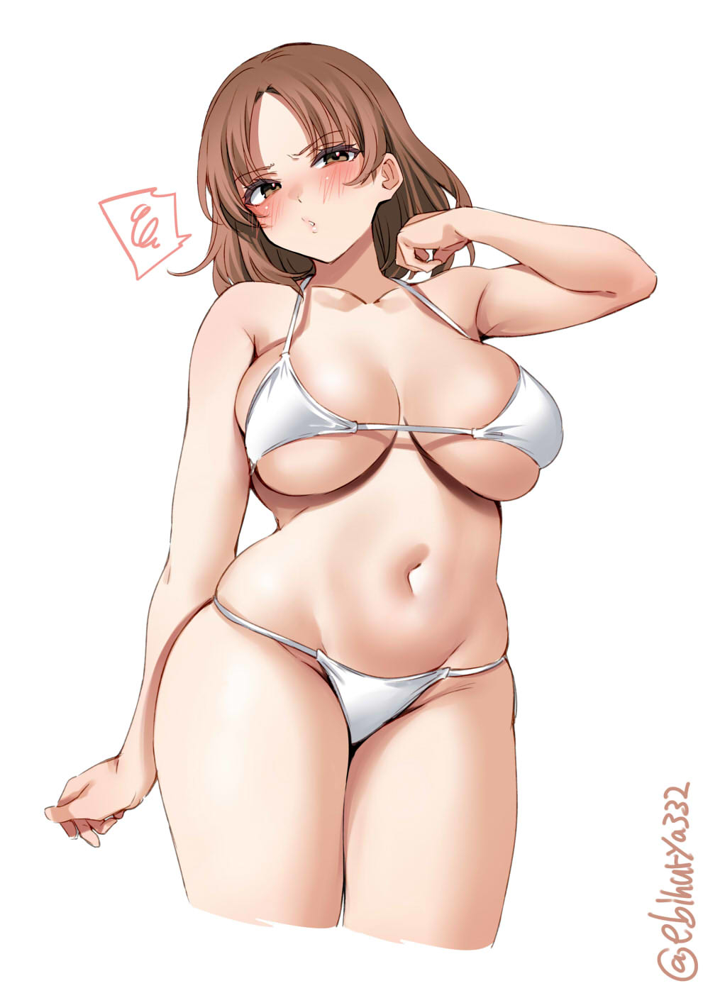 arm_at_side armpit_crease bangs bare_arms bare_shoulders bikini blush breasts brown_hair chiyoda_(kantai_collection) cleavage collarbone cropped_legs ebifurya female groin hand_up highres kantai_collection large_breasts looking_at_viewer navel one-hour_drawing_challenge parted_bangs simple_background skindentation solo speech_bubble spoken_squiggle squiggle swimsuit thighs twitter_username white_background white_bikini