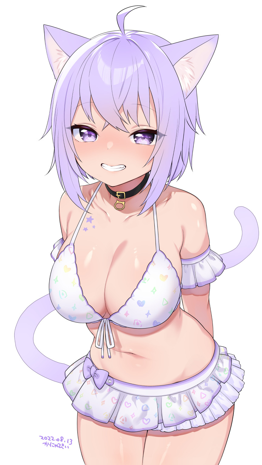 ahoge animal_ears artist_name bikini bikini_skirt blush breasts cat_choker cat_ears cat_tail choker cleavage cowboy_shot cute dated female front-tie_bikini front-tie_top grin highres hololive hololive_gamers hololive_japan kanya_pyi large_breasts leaning_forward lips looking_at_viewer navel nekomata_okayu pendant_choker purple_eyes purple_hair simple_background smile solo swimsuit tail thighs virtual_youtuber white_background