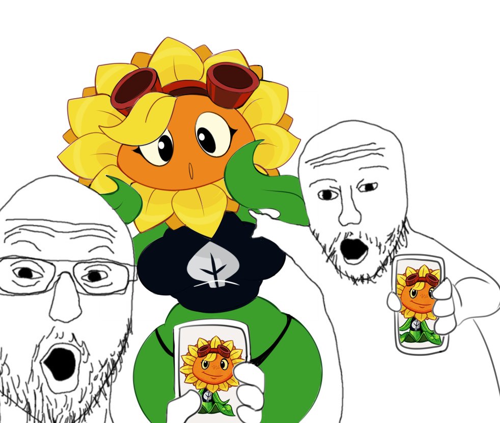 :o, 1girls, 2boys, anthro, anthrofied, bald, bald male, beard, big breasts, black crop top, black eyes, black panties, black shirt, breasts, crop top, cute, electronic arts, facial hair, female, fertilizing (artist), flower girl, glasses, goggles, goggles on head, highleg panties, holding smartphone, hourglass figure, hourglass figured female, humanized, large breasts, leaf print, looking at viewer, looking back, male, meme, midriff, midriff baring shirt, open mouth, outstretched arm, partially colored, plant girl, plants vs zombies, plants vs zombies: heroes, pointing, pointing at another, pointing soyjak, popcap games, red goggles, revealing clothes, shirt, short hair, simple background, smartphone, solar flare (pvz), soyjak, standing, sunflower, sunflower (pvz), trio, two soyjaks pointing, ugly man, upper body, white background, wide hips, yellow hair