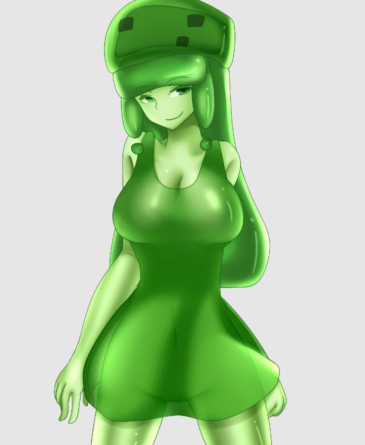 1girls anime_style anthro anthrofied at2. big_breasts breasts cleavage female humanized humanoid large_breasts looking_to_the_side minecraft mob_talker slime_(at2.) slime_(minecraft) slime_girl solo tagme