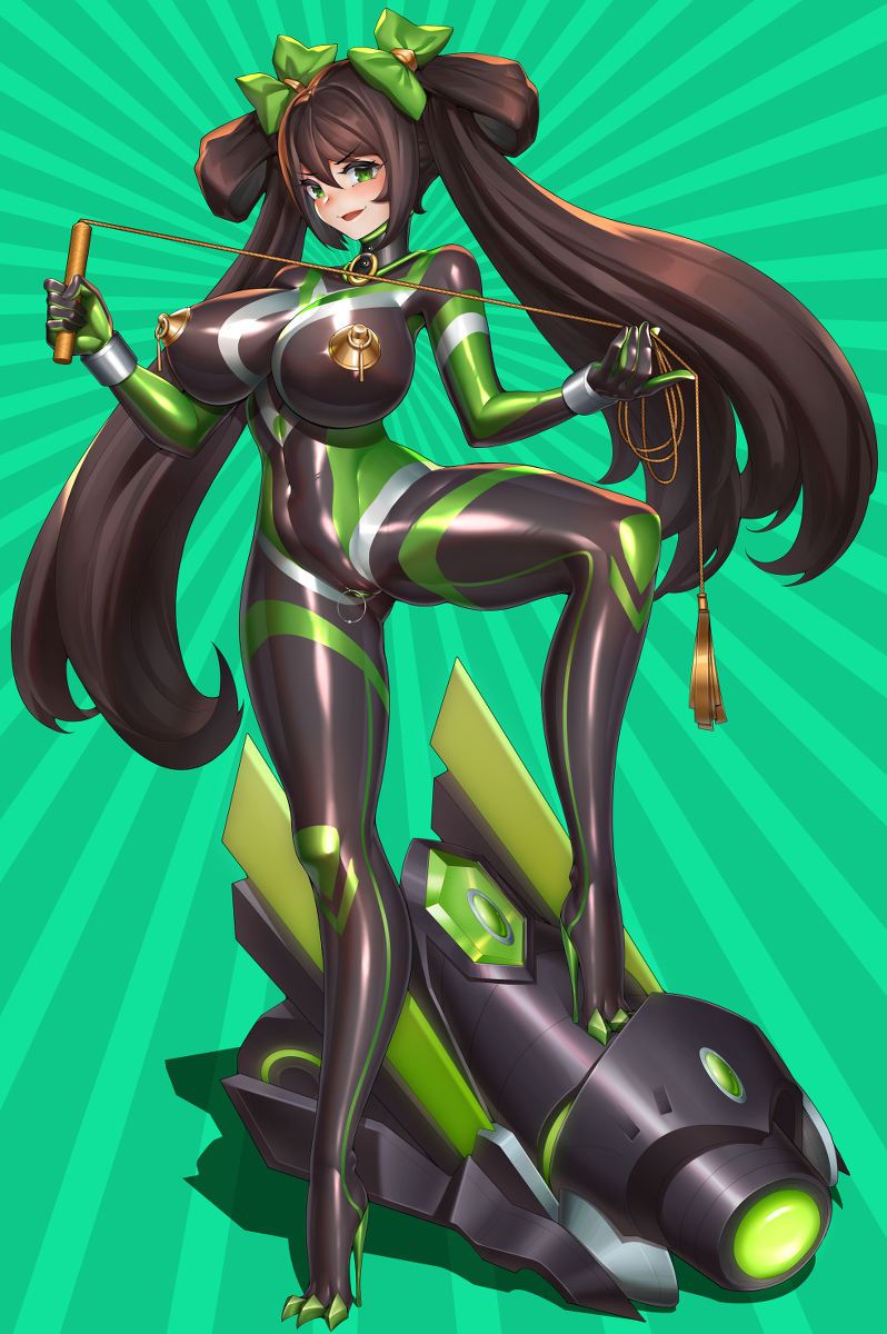 1girls big_breasts bodysuit breasts busty chastity female female_chastity female_only full_body full_body_suit green_background green_eyes high_heels honor_of_kings huge_breasts king_of_glory large_breasts niur rubber_suit rubber_tights solo solo_female sun_shang_xiang thick_thighs tights twintails voluptuous