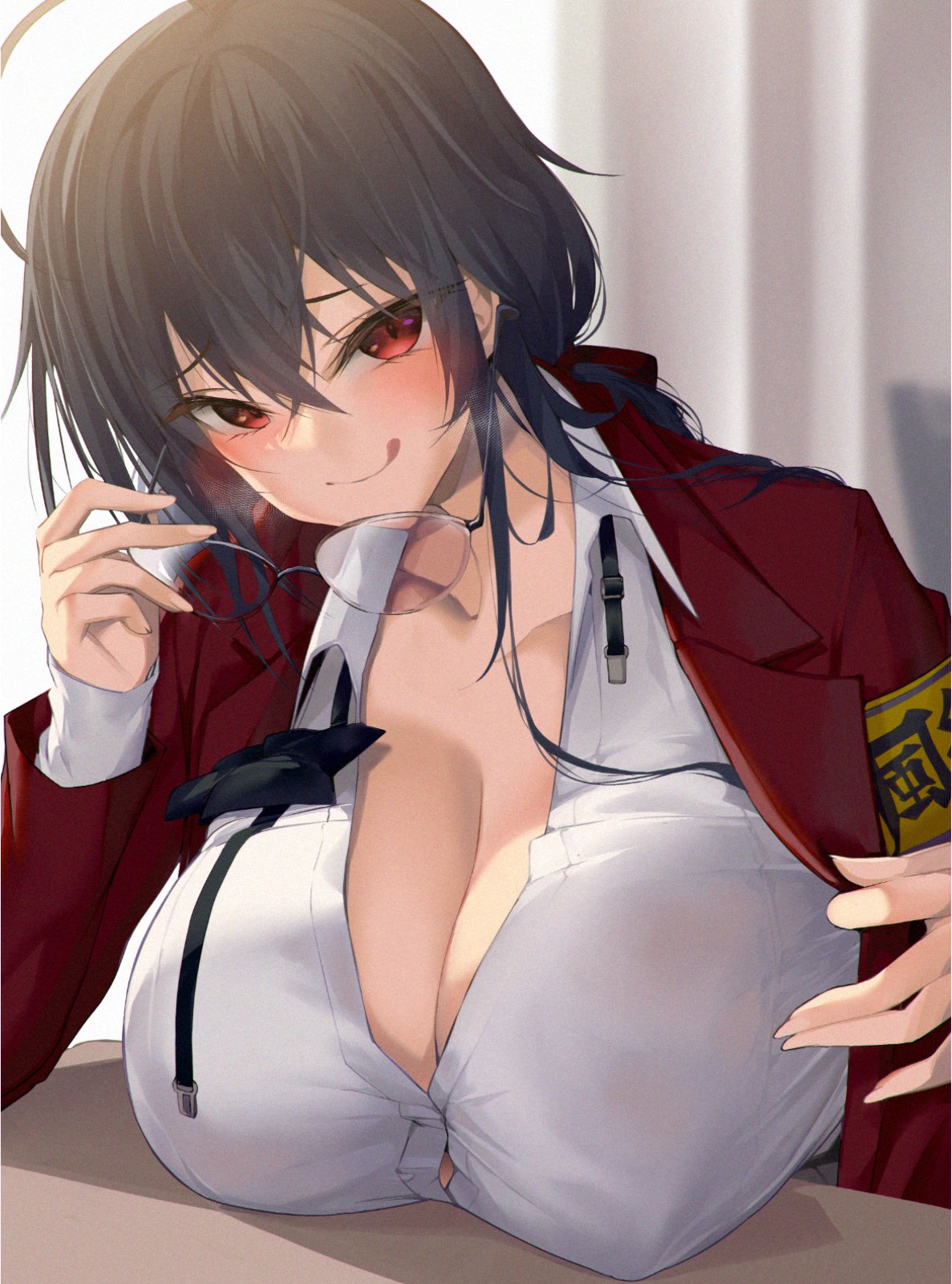 1girls, 2022, ahoge, alternate costume, azur lane, black hair, breasts, cleavage, female, female only, glasses, huge breasts, licking lips, long hair, looking at viewer, naughty face, official alternate costume, red eyes, satou daiji, school uniform, schoolgirl, smile, suggestive look, taihou (azur lane), taihou (sweet time after school) (azur lane), unbuttoned shirt