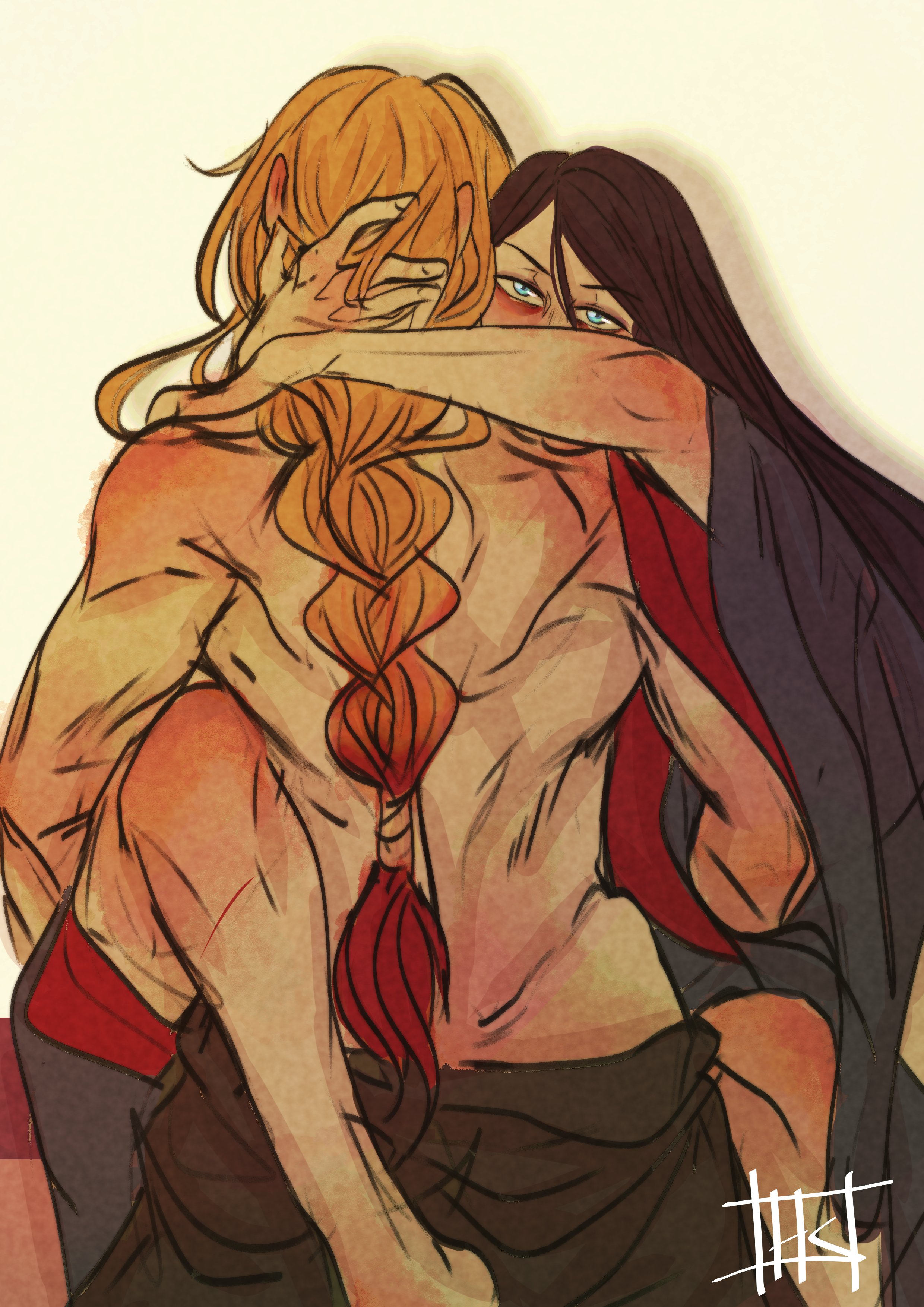 1boy, 2girls, 2milfs, back, blonde female, blonde hair, clothed female nude female, elden ring, female, fromsoftware, gender transformation, homuspicy, hugging, light skin, light-skinned female, male, nude, queen marika the eternal, radagon of the golden order, rennala queen of the full moon, transformation, yuri