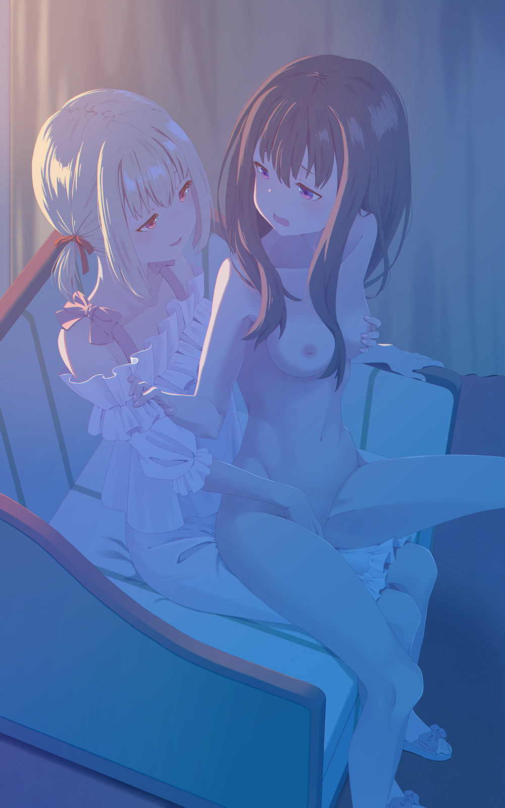 2girls black_hair blonde_hair blush breasts clothed_female_nude_female commentary_request completely_nude eye_contact fingering fingering_partner hair_ribbon highres inoue_takina looking_at_another looking_back lycoris_recoil multiple_girls navel nipples nishikigi_chisato nude open_mouth parted_lips purple_eyes red_eyes red_ribbon ribbon sitting tonht yuri