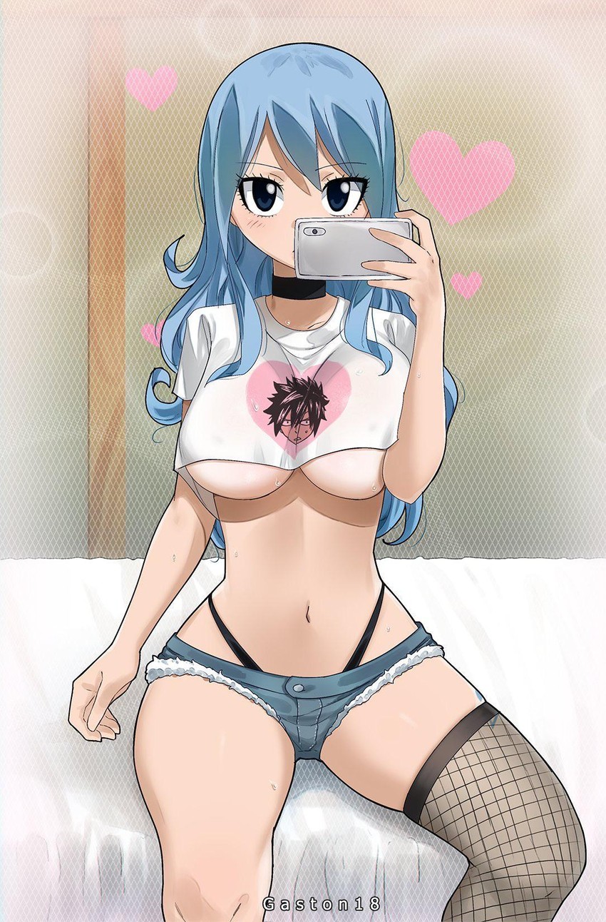 1girls, blue hair, blue-haired female, breasts, choker, fairy tail, female, female only, fishnet legwear, fishnets, fully clothed, high waisted thong, hotpants, juvia lockser, midriff, revealing clothes, selfie, short shorts, shorts, stockings, thong above shorts, thong straps, underboob, whale tail