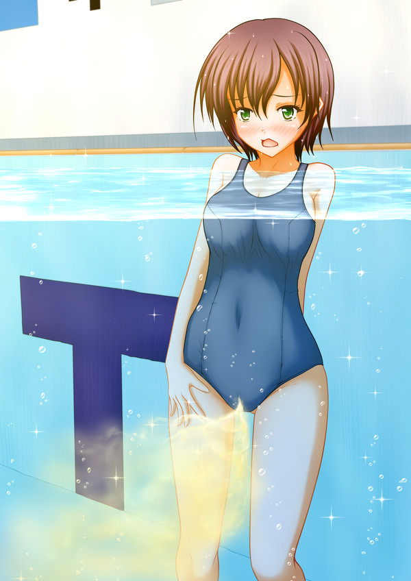 blush embarrassed large_breasts one-piece_swimsuit pee peeing peeing_in_pool peeing_in_swimsuit peeing_self peeing_underwater pissing pullpull15 swimsuit swimwear water watersports wetting wetting_self