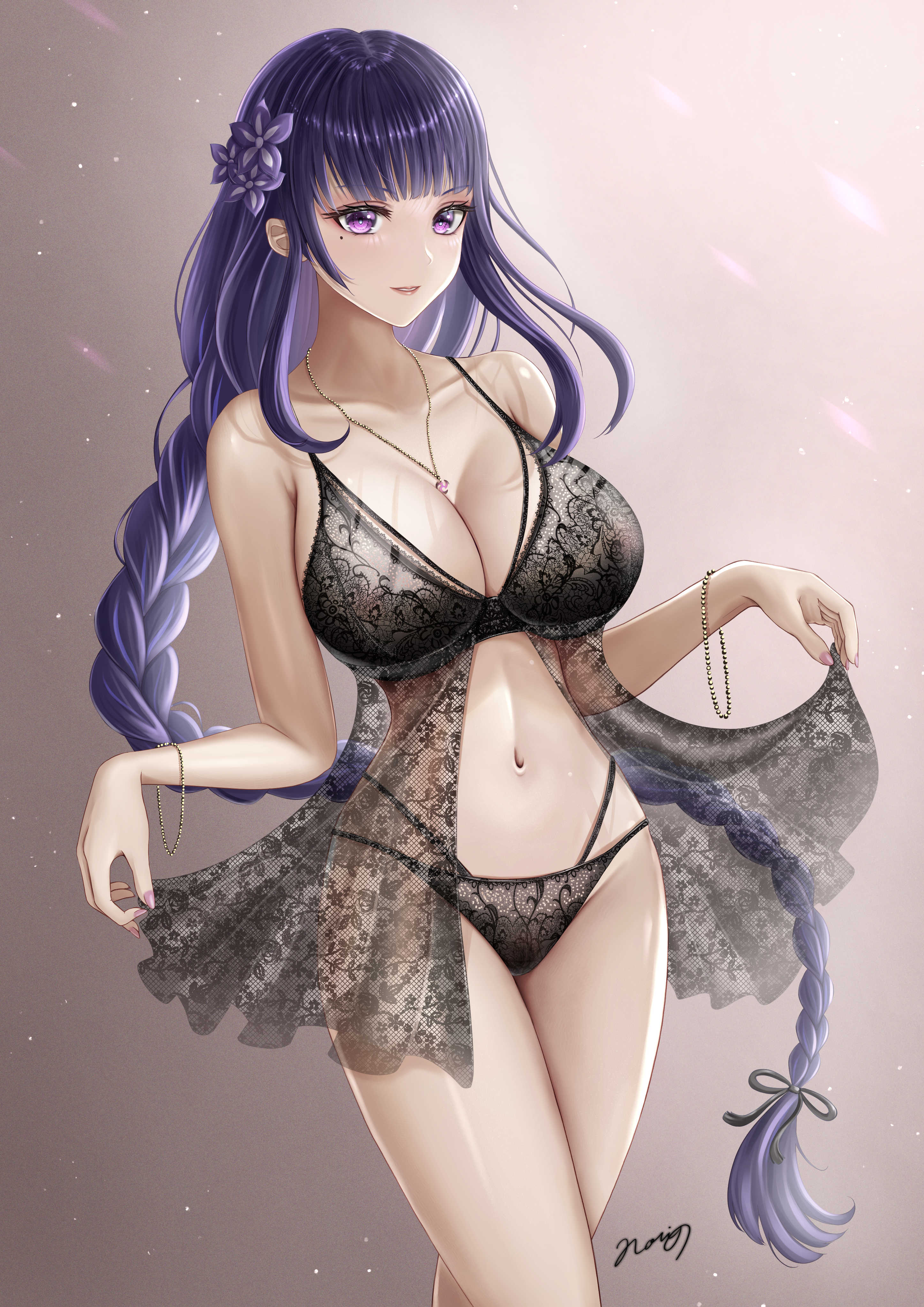 1girls, 2022, beauty mark, black lingerie, braided hair, breasts, female, female only, genshin impact, hi res, hips, huge breasts, jewelry, light skin, light-skinned female, lingerie, long hair, mole under eye, norino, purple eyes, purple hair, raiden shogun, slim waist, thick thighs, thighs, very long hair, wide hips
