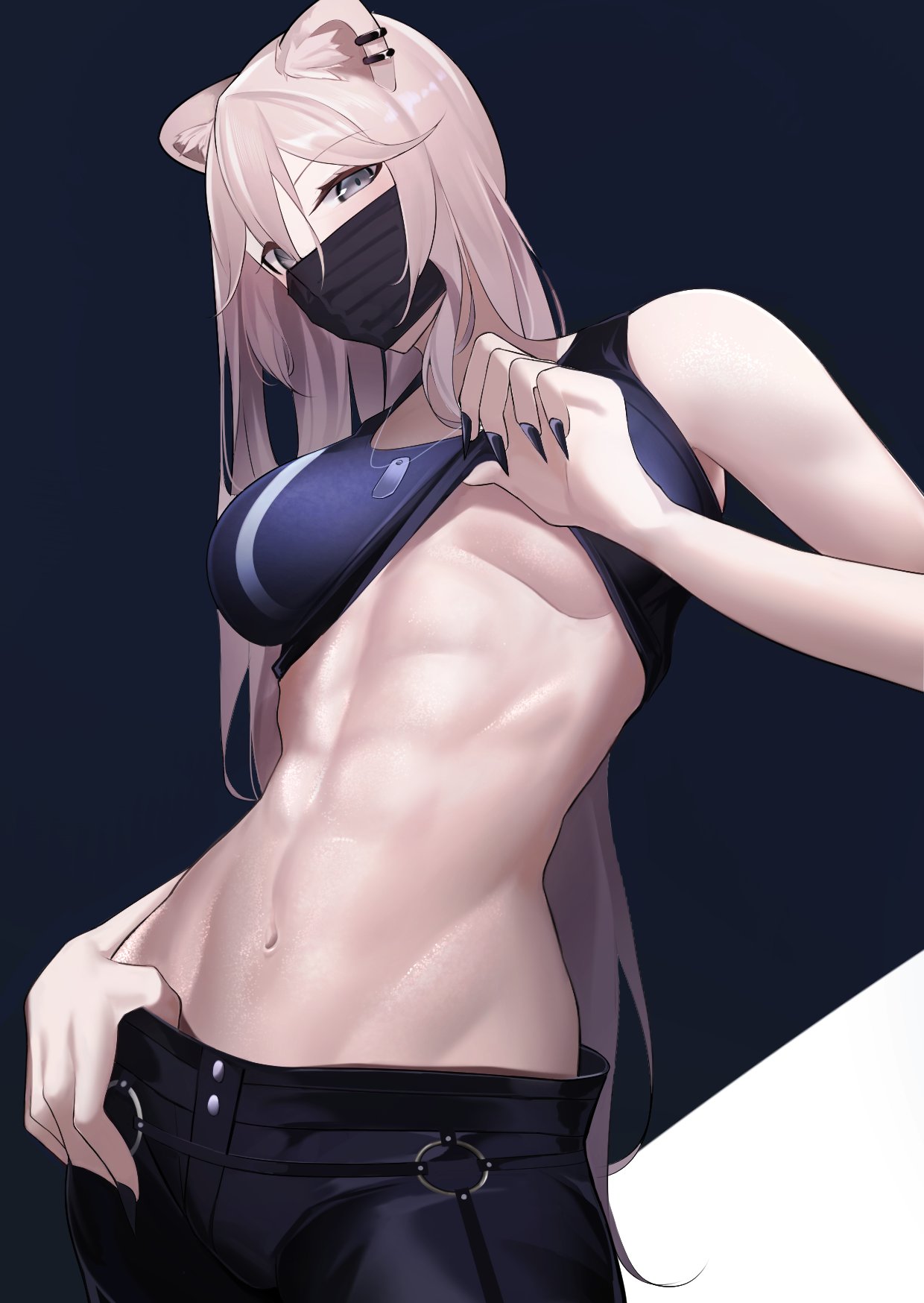 1girls, abs, breasts, female, grey hair, hololive, hololive gen 5, hololive japan, jeans, large breasts, lion ears, mask, muscular, muscular female, shirt, shirt lift, shishiro botan, underboob, usagits 00, virtual youtuber