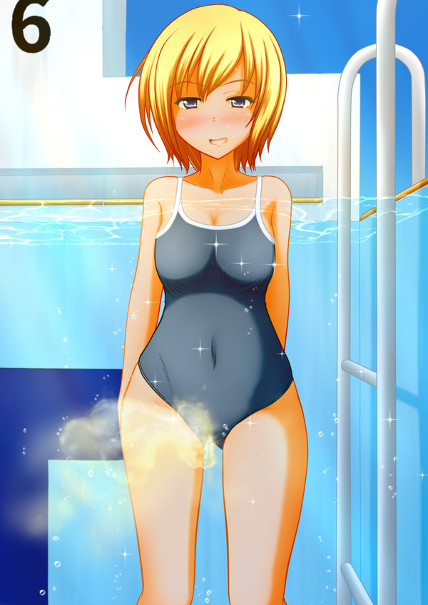 blonde_hair blush female happy large_breasts one-piece_swimsuit peeing peeing_in_pool peeing_in_swimsuit peeing_in_water peeing_self peeing_underwater pullpull15 standing_pee swimsuit swimwear urinating_female water watersports