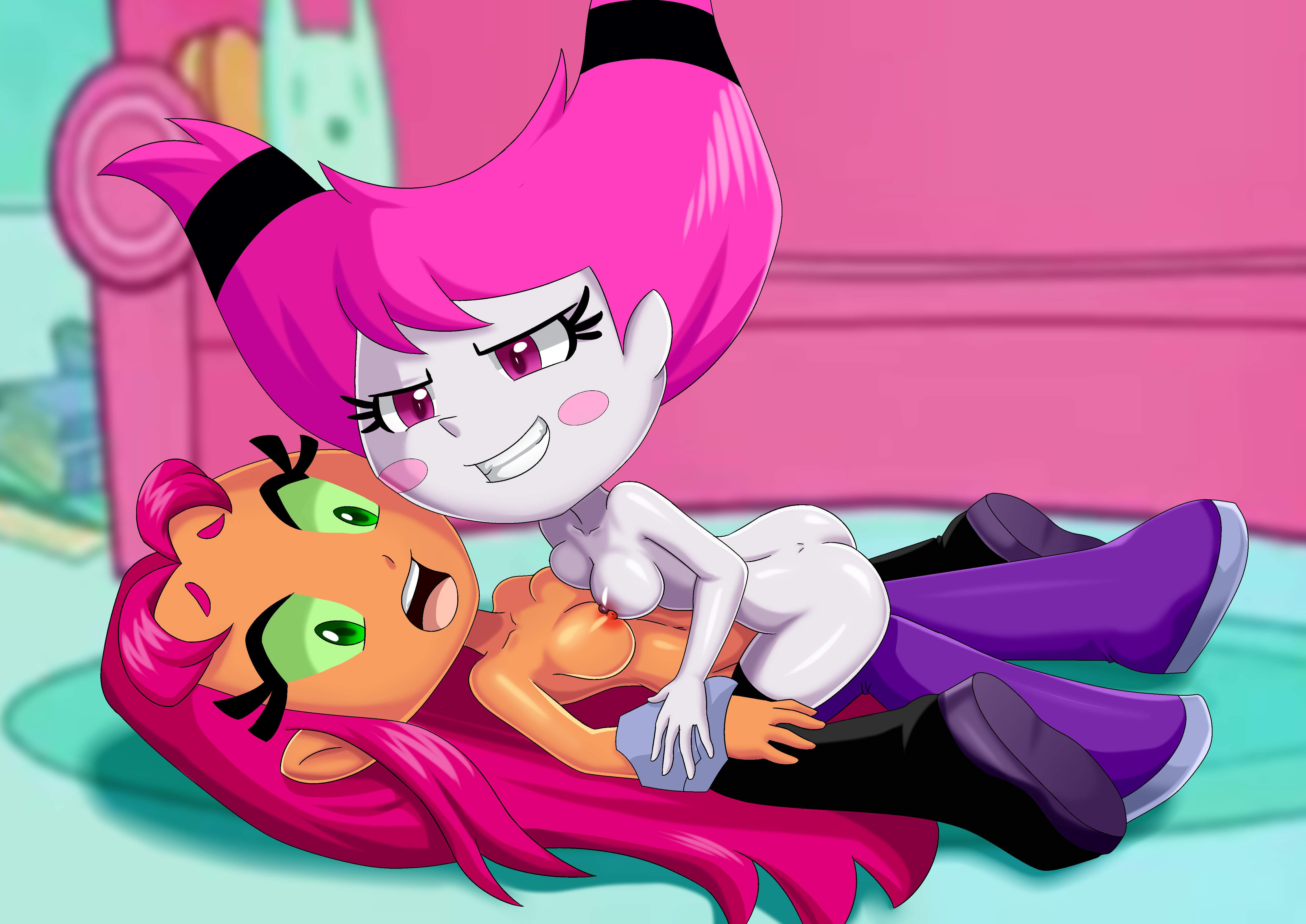 ass, bbmbbf, breasts, cartoon network, dc, dc comics, female, female only, female/female, jinx (dc), nipples, nude, open mouth, palcomix, starfire, teen titans, teen titans go, tongue, yuri