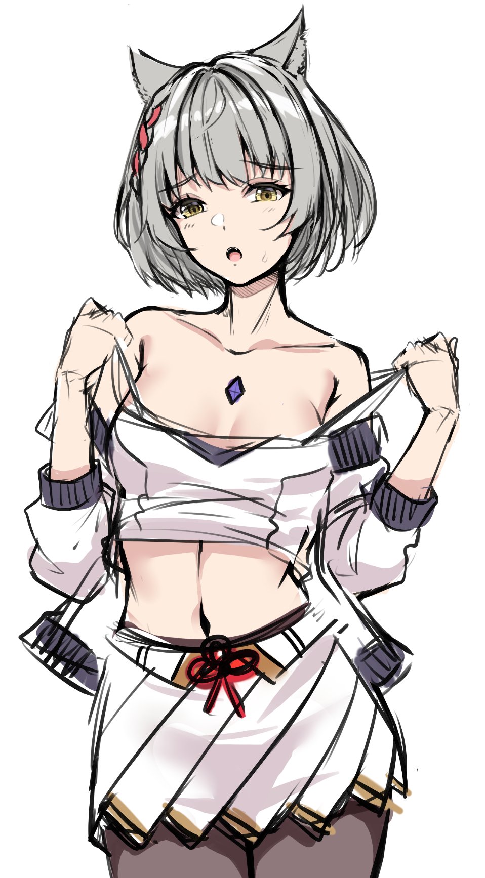 1girls, bob cut, breasts, cat girl, catgirl, core crystal, cowboy shot, cute, dress, female, female only, grey hair, jacket, midriff, mio (xenoblade), open mouth, pantyhose, silver hair, skirt, spaghetti strap, striptease, taking clothes off, undressing, xenoblade (series), xenoblade chronicles 3, yellow eyes