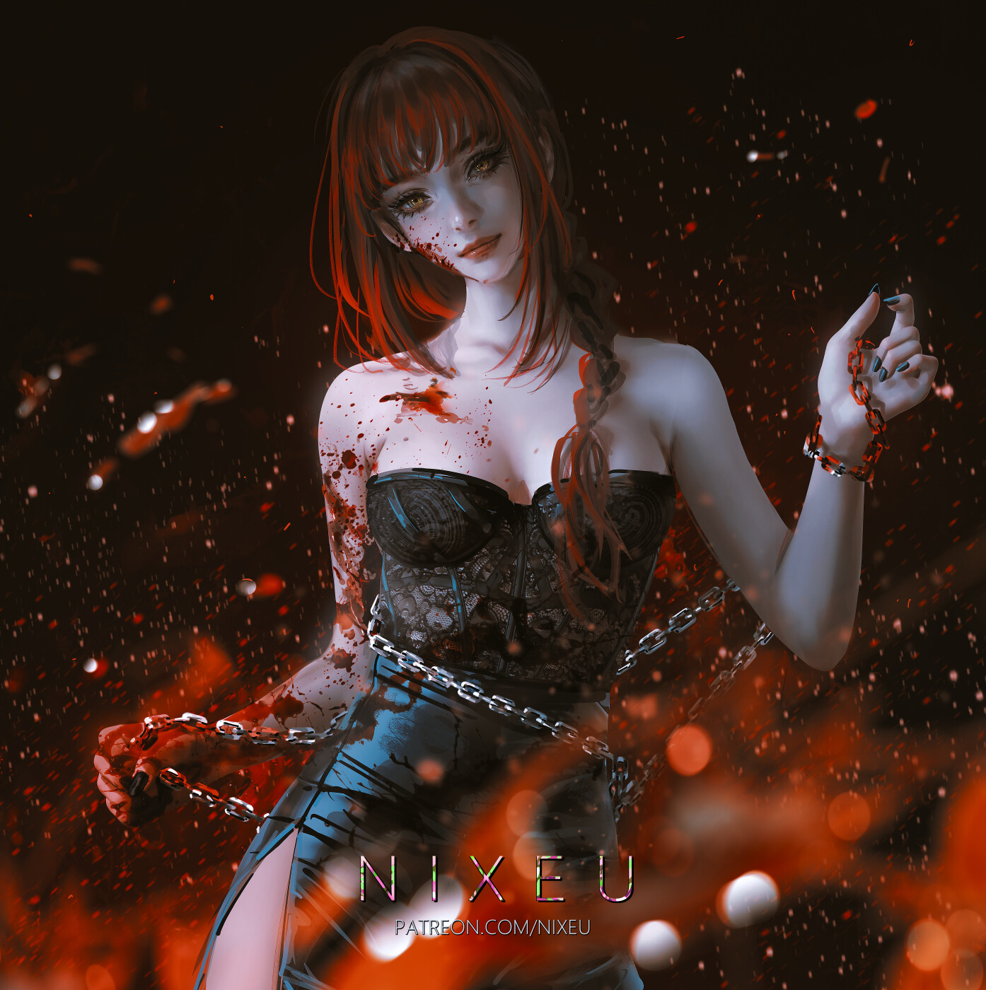 1girls, big breasts, breasts, chainsaw man, cleavage, corset, female, female only, light skin, light-skinned female, makima (chainsaw man), nixeu, red hair, wide hips