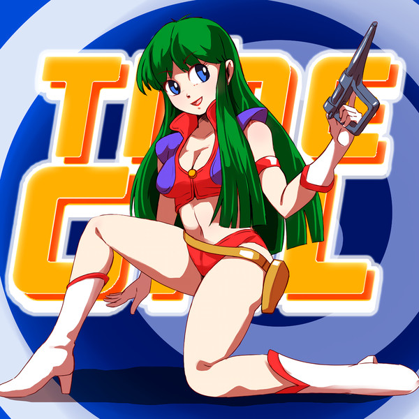 green_hair hige_ojisan holding_gun kneeling red_panties reika_kirishima taito time_gal