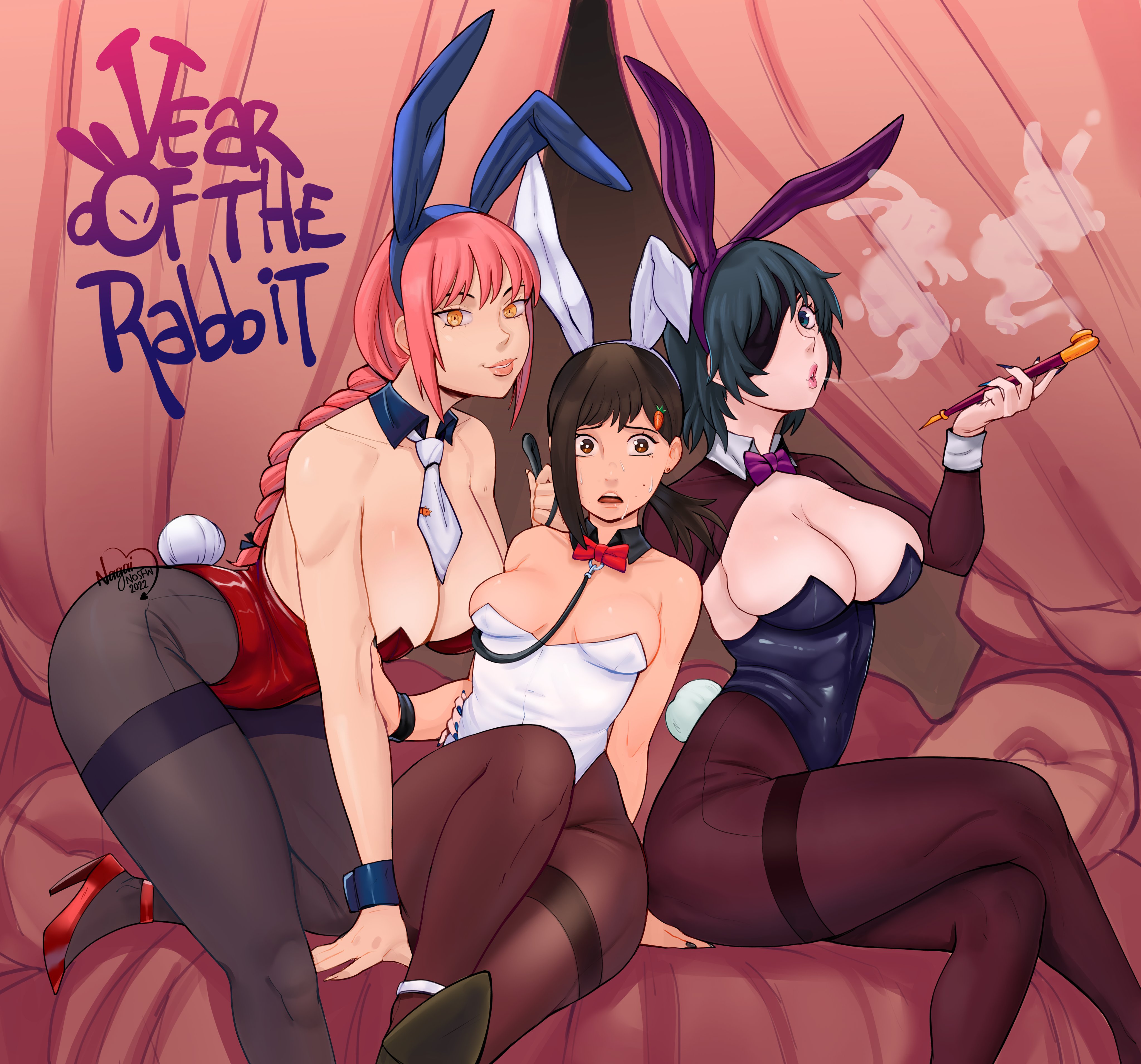 3girls, big breasts, breasts, bunny ears, bunnysuit, chainsaw man, cleavage, collar, female, female only, femdom, higashiyama kobeni, himeno (chainsaw man), leash, leash pull, makima (chainsaw man), mappa, nagainosfw, new year, overflowing breasts, pantyhose, smoking, year of the rabbit, yuri