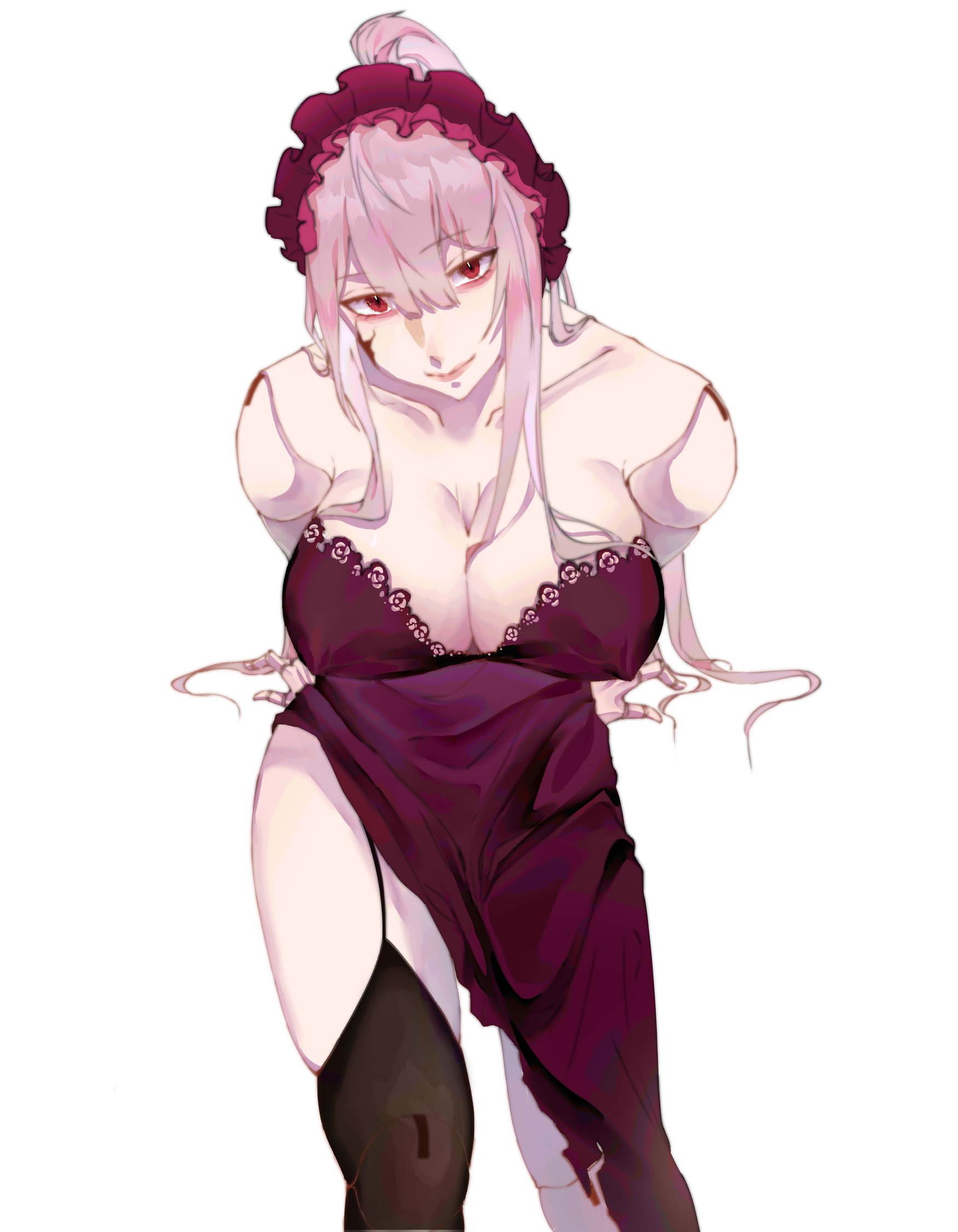 bare legs, bare shoulders, big breasts, boob window, breasts, cleavage, doll, doll joints, female, female only, gothic, gothic lolita, huge breasts, indie virtual youtuber, jowol, living doll, looking at viewer, looking down, maid, maid headdress, marionette, monster girl, nightgown, no cuacua, pointy breasts, ponytail, porcelainmaid, puppet, ripped clothing, ripped dress, sadistic, smug, solo, stockings, streamer, thighhighs, twitch.tv, virtual youtuber, visible breasts, vtuber, white hair