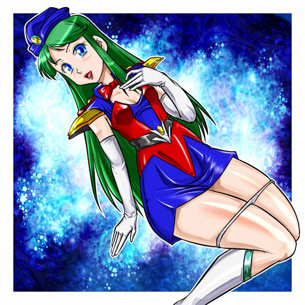 blue_dress dress flight_attendant_hat green_hair panties_down reika_kirishima sitting skirt tama_shabu time_gal white_panties