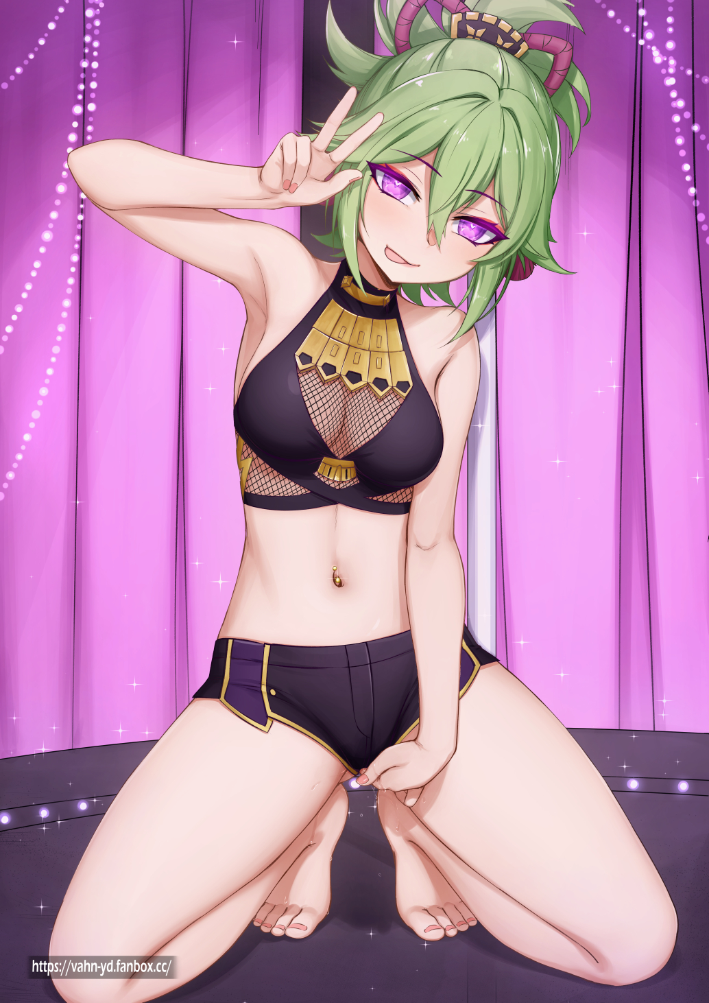 arm_up armpits artist_name ass_visible_through_thighs bangs bare_shoulders barefoot between_legs black_shirt black_shorts blush breasts cleavage closed_mouth commentary crop_top curtains english_commentary eyeliner fanbox_username feet female female_masturbation fingering fishnet_shirt full_body genshin_impact green_hair hair_between_eyes hair_flaps hair_ornament half-closed_eyes hand_between_legs happy heart heart-shaped_pupils highres indoors kneeling kuki_shinobu legs licking_lips looking_at_viewer makeup masturbation medium_breasts midriff navel navel_piercing piercing pink_background purple_eyes pussy_juice red_eyeliner see-through shiny shiny_hair shirt short_hair short_shorts shorts sidelocks sleeveless sleeveless_shirt smile solo sparkle spread_legs stage stomach string_of_light_bulbs stripper_pole symbol-shaped_pupils toes tongue tongue_out topknot vaginal_penetration vahn_yourdoom w watermark web_address