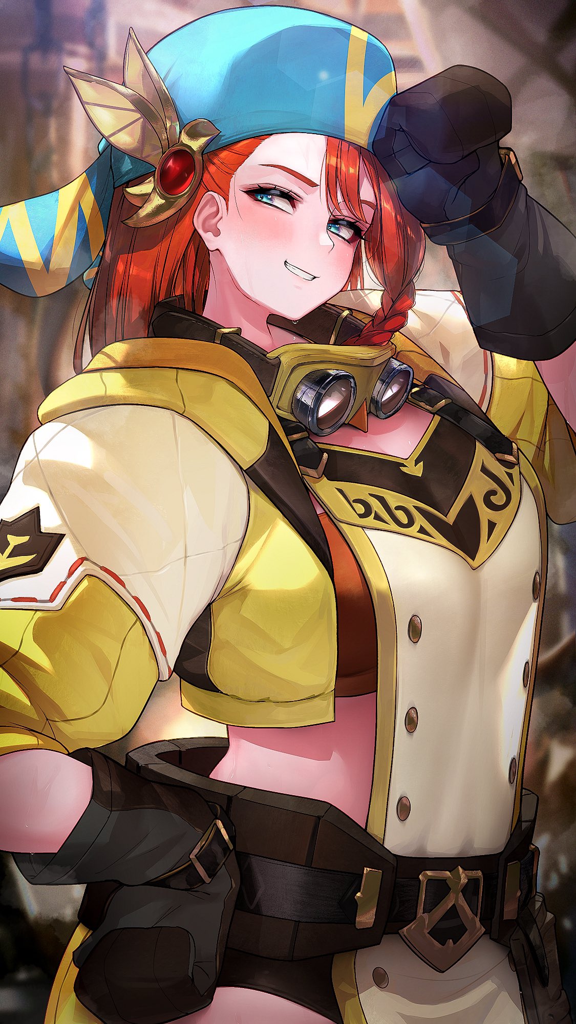 1girl 1girls belt black_belt black_gloves blue_eyes blue_hat braid braided_hair clothed gloves goggles goggles_around_neck hizake jacket kashu_(hizake) minayle monster_hunter monster_hunter_rise red_hair redhead solo solo_female solo_focus tagme tomboy tubetop yellow_jacket_(clothing)